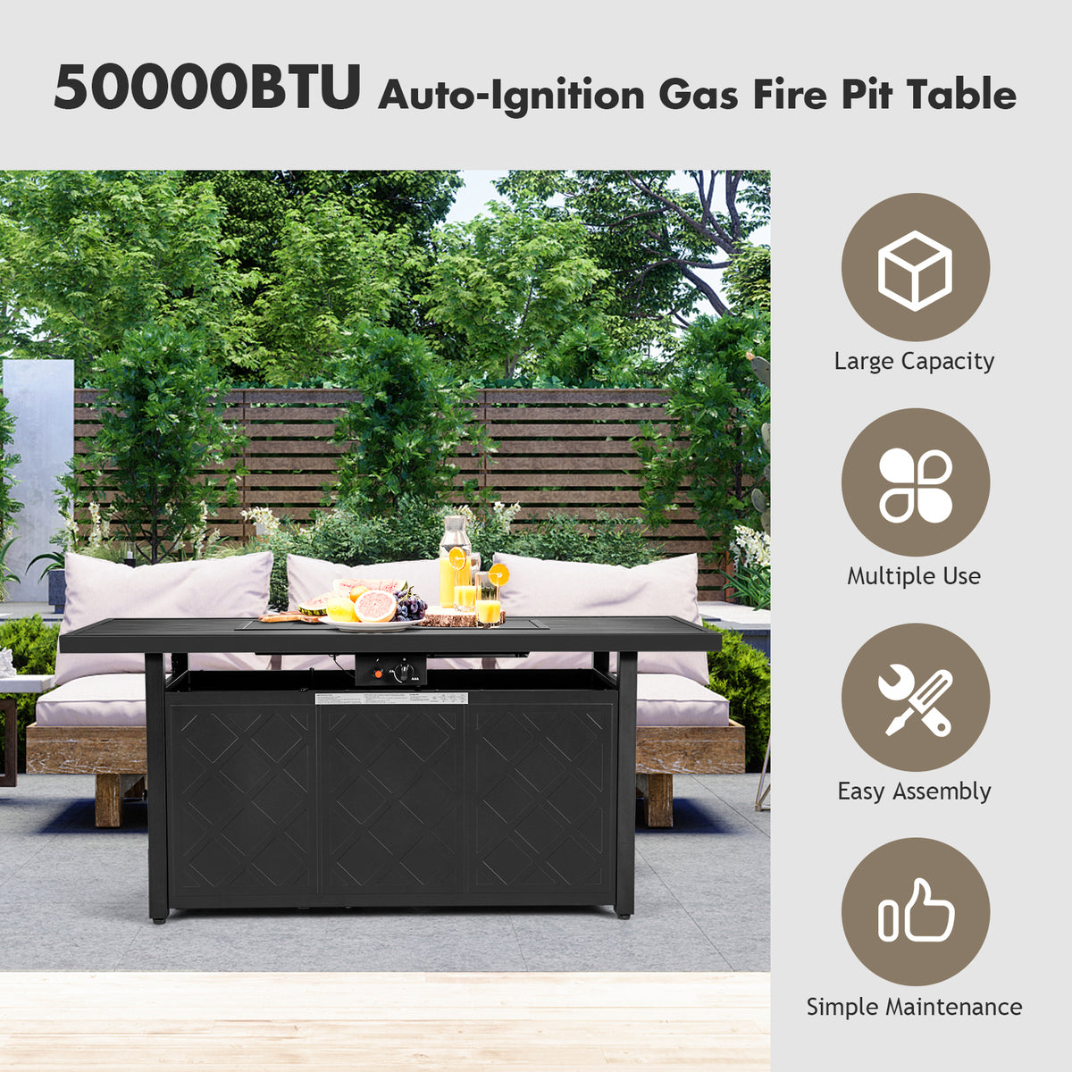 57 Inch 50000 Btu Rectangular Propane Outdoor Fire Pit Table-Black-Fire Pit Tables-DECOROLALA