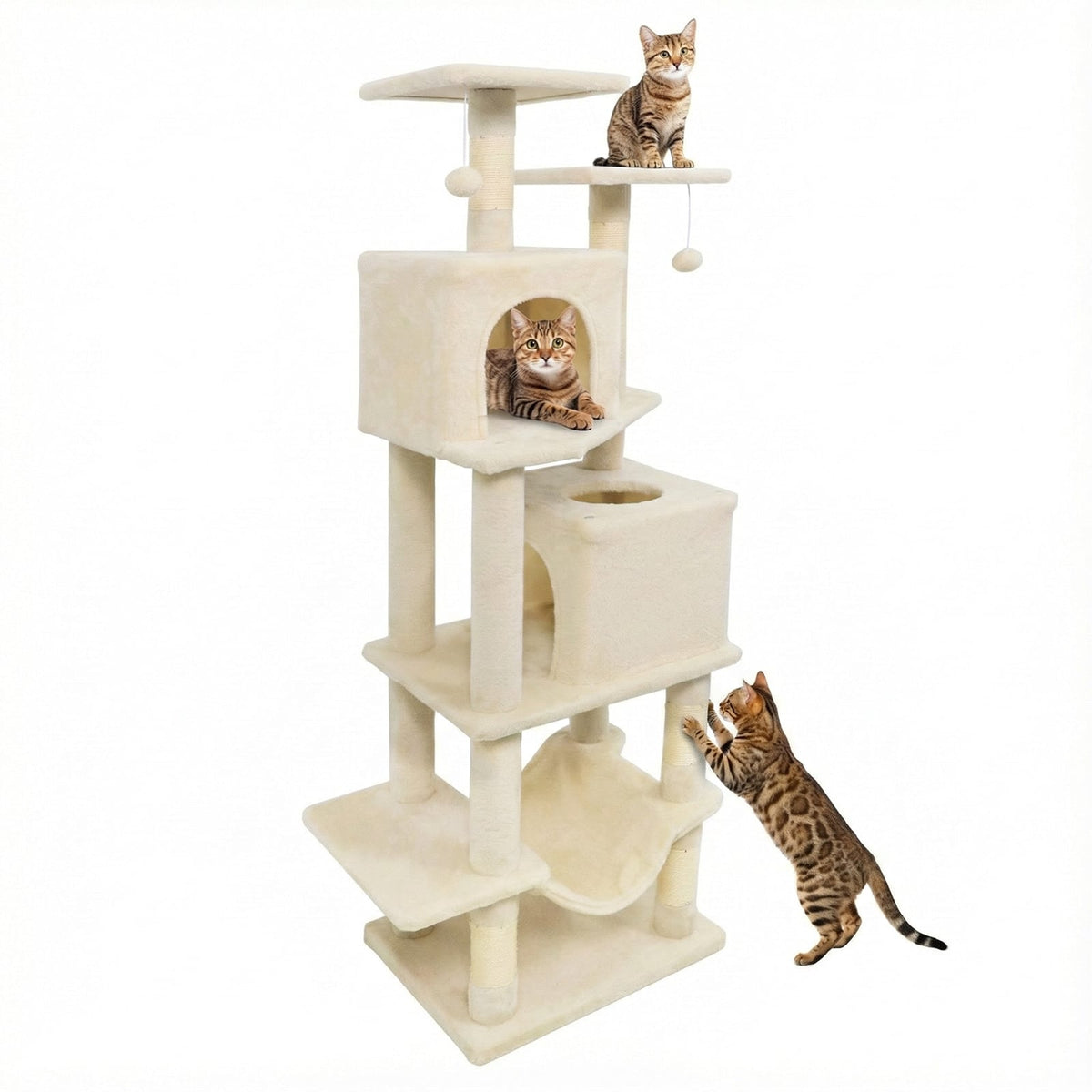 57 Inch Cat Tree with Dual Condos and Hammock and 2 Dangling Balls-Beige-Cat Trees & Scratchers-DECOROLALA