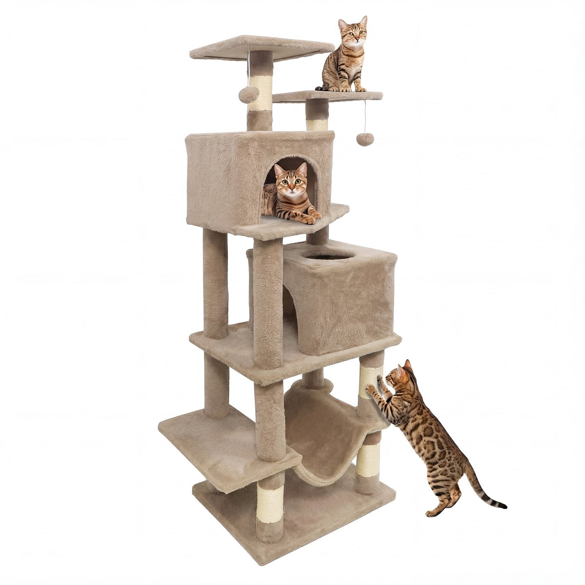 57 Inch Cat Tree with Dual Condos and Hammock and 2 Dangling Balls-Coffee-Cat Trees & Scratchers-DECOROLALA