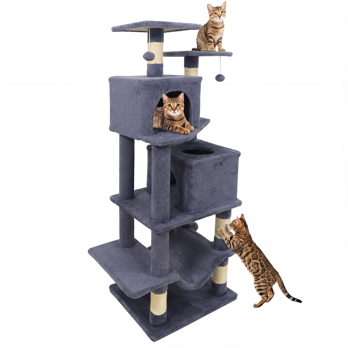 57 Inch Cat Tree with Dual Condos and Hammock and 2 Dangling Balls-Gray-Cat Trees & Scratchers-DECOROLALA