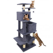 57 Inch Cat Tree with Dual Condos and Hammock and 2 Dangling Balls-Gray-Cat Trees & Scratchers-DECOROLALA