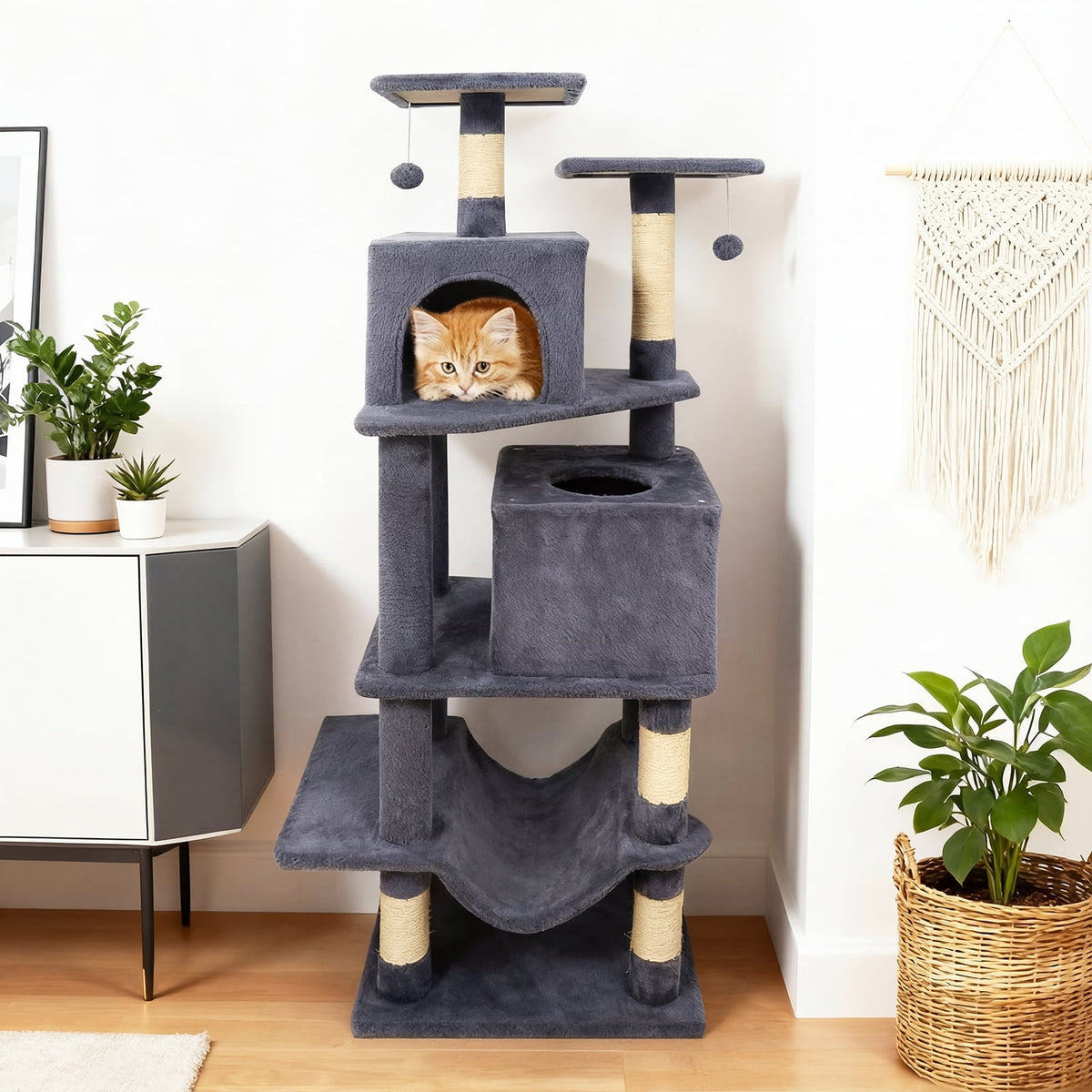 57 Inch Cat Tree with Dual Condos and Hammock and 2 Dangling Balls-Gray-Cat Trees & Scratchers-DECOROLALA