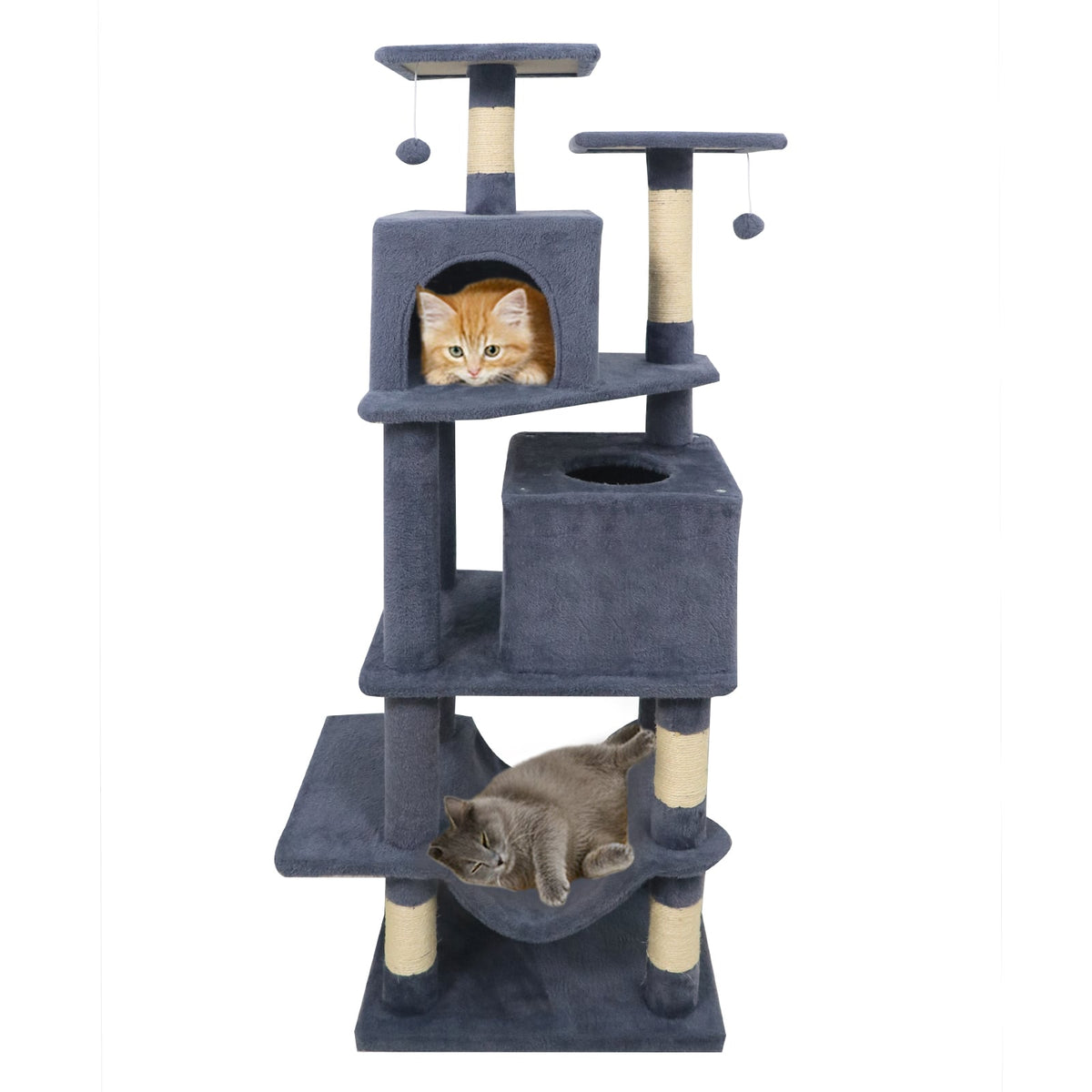 57 Inch Cat Tree with Dual Condos and Hammock and 2 Dangling Balls-Gray-Cat Trees & Scratchers-DECOROLALA