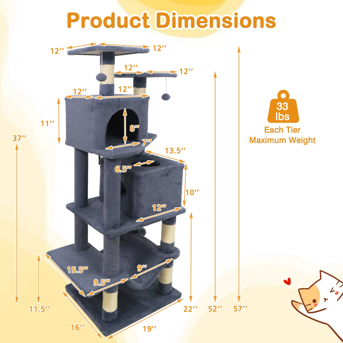 57 Inch Cat Tree with Dual Condos and Hammock and 2 Dangling Balls-Gray-Cat Trees & Scratchers-DECOROLALA