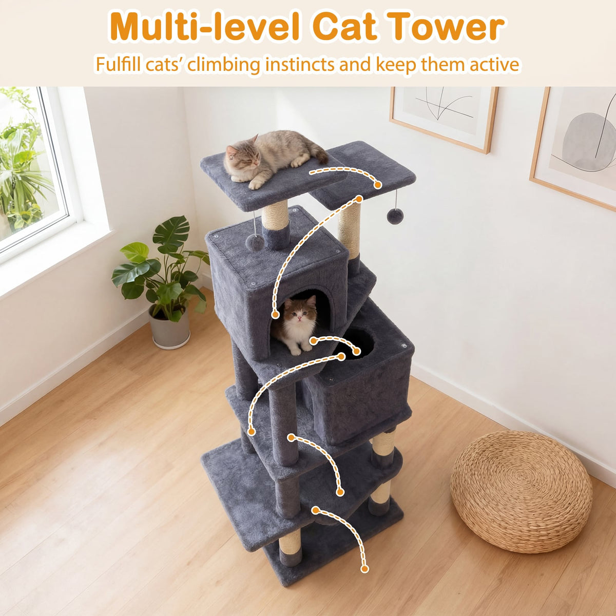 57 Inch Cat Tree with Dual Condos and Hammock and 2 Dangling Balls-Gray-Cat Trees & Scratchers-DECOROLALA