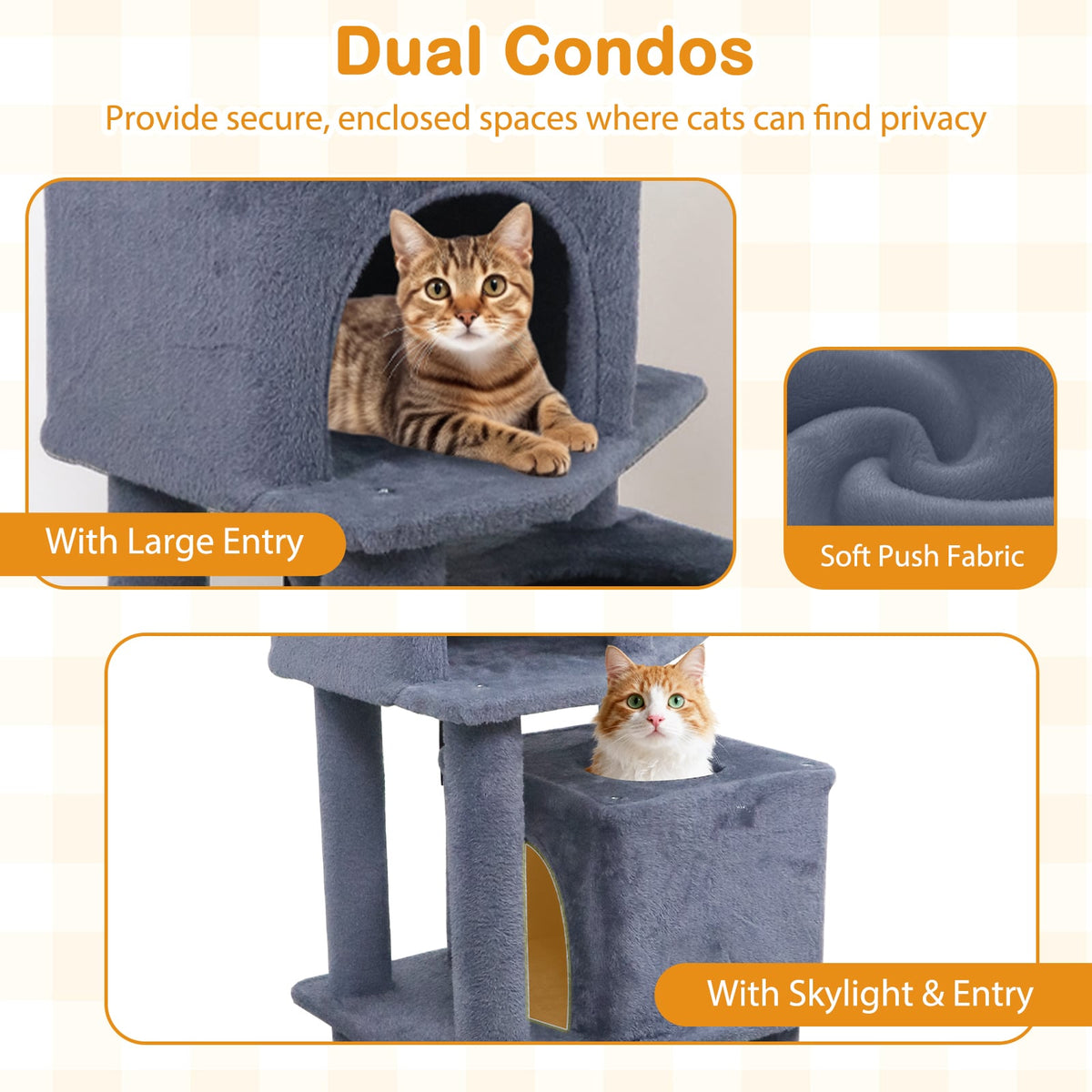 57 Inch Cat Tree with Dual Condos and Hammock and 2 Dangling Balls-Gray-Cat Trees & Scratchers-DECOROLALA