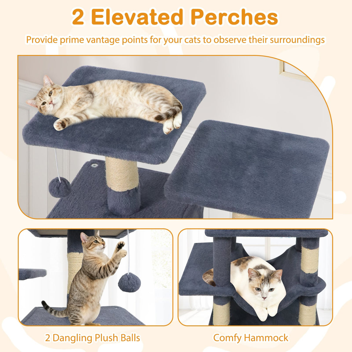 57 Inch Cat Tree with Dual Condos and Hammock and 2 Dangling Balls-Gray-Cat Trees & Scratchers-DECOROLALA