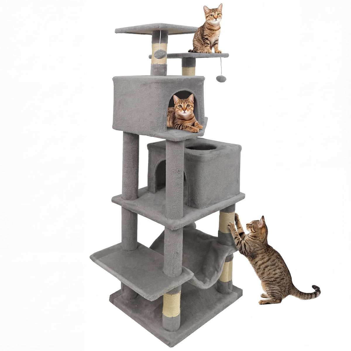 57 Inch Cat Tree with Dual Condos and Hammock and 2 Dangling Balls-Light Gray-Cat Trees & Scratchers-DECOROLALA