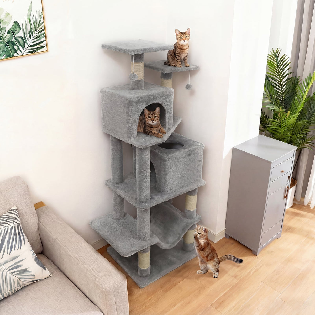 57 Inch Cat Tree with Dual Condos and Hammock and 2 Dangling Balls-Light Gray-Cat Trees & Scratchers-DECOROLALA