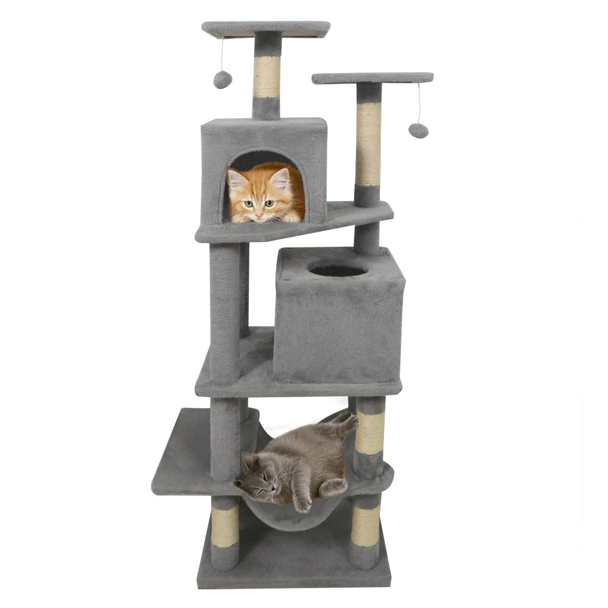 57 Inch Cat Tree with Dual Condos and Hammock and 2 Dangling Balls-Light Gray-Cat Trees & Scratchers-DECOROLALA