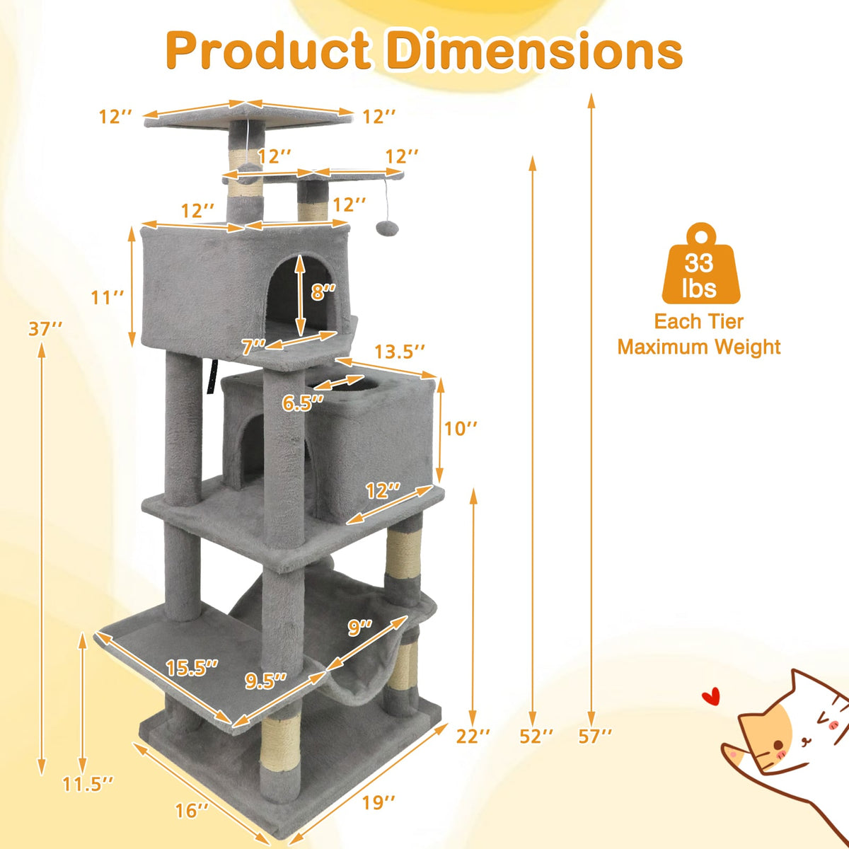 57 Inch Cat Tree with Dual Condos and Hammock and 2 Dangling Balls-Light Gray-Cat Trees & Scratchers-DECOROLALA