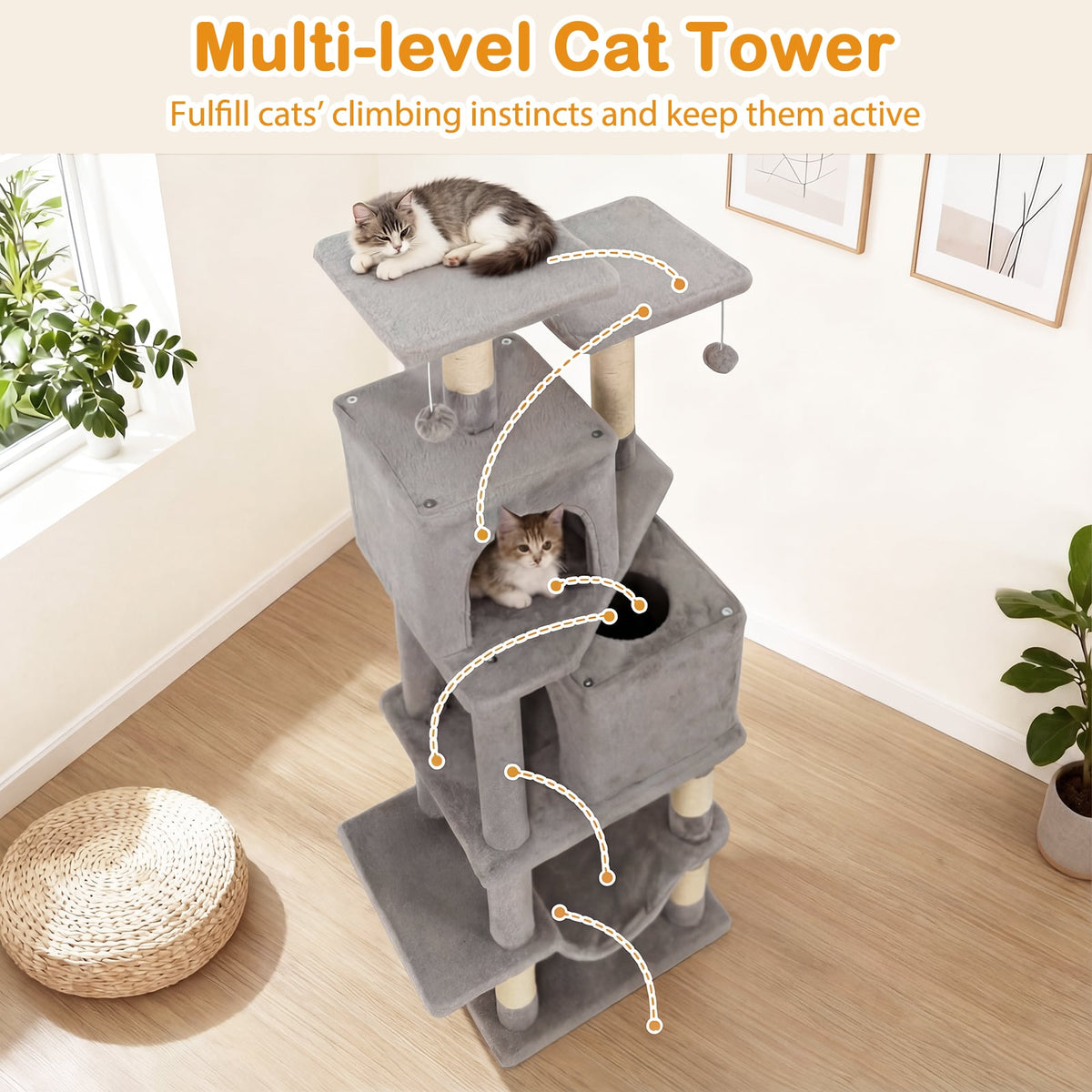 57 Inch Cat Tree with Dual Condos and Hammock and 2 Dangling Balls-Light Gray-Cat Trees & Scratchers-DECOROLALA