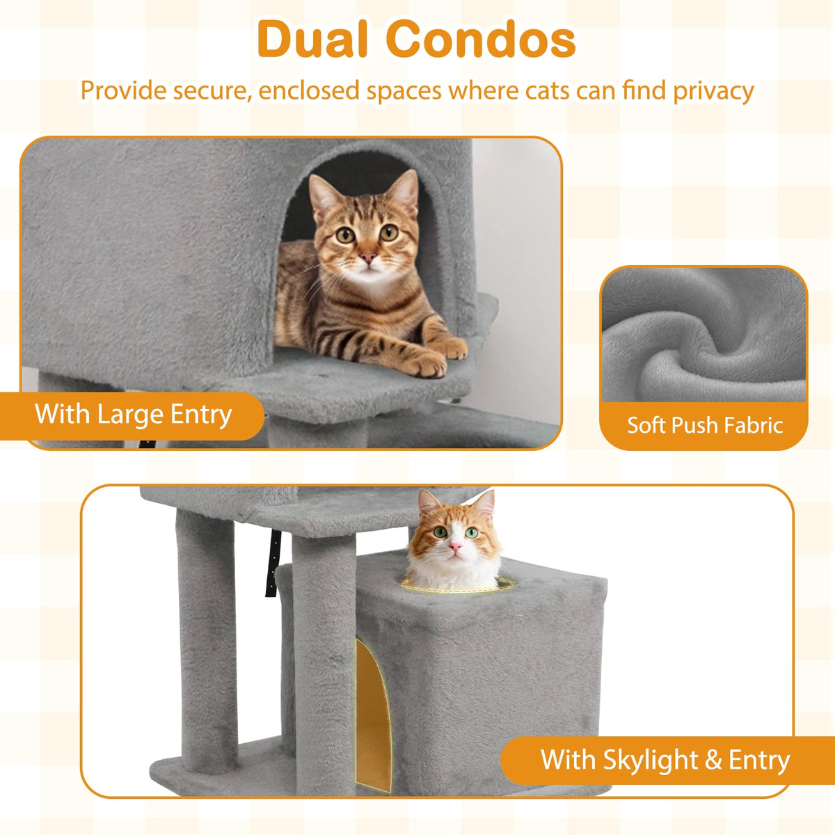 57 Inch Cat Tree with Dual Condos and Hammock and 2 Dangling Balls-Light Gray-Cat Trees & Scratchers-DECOROLALA