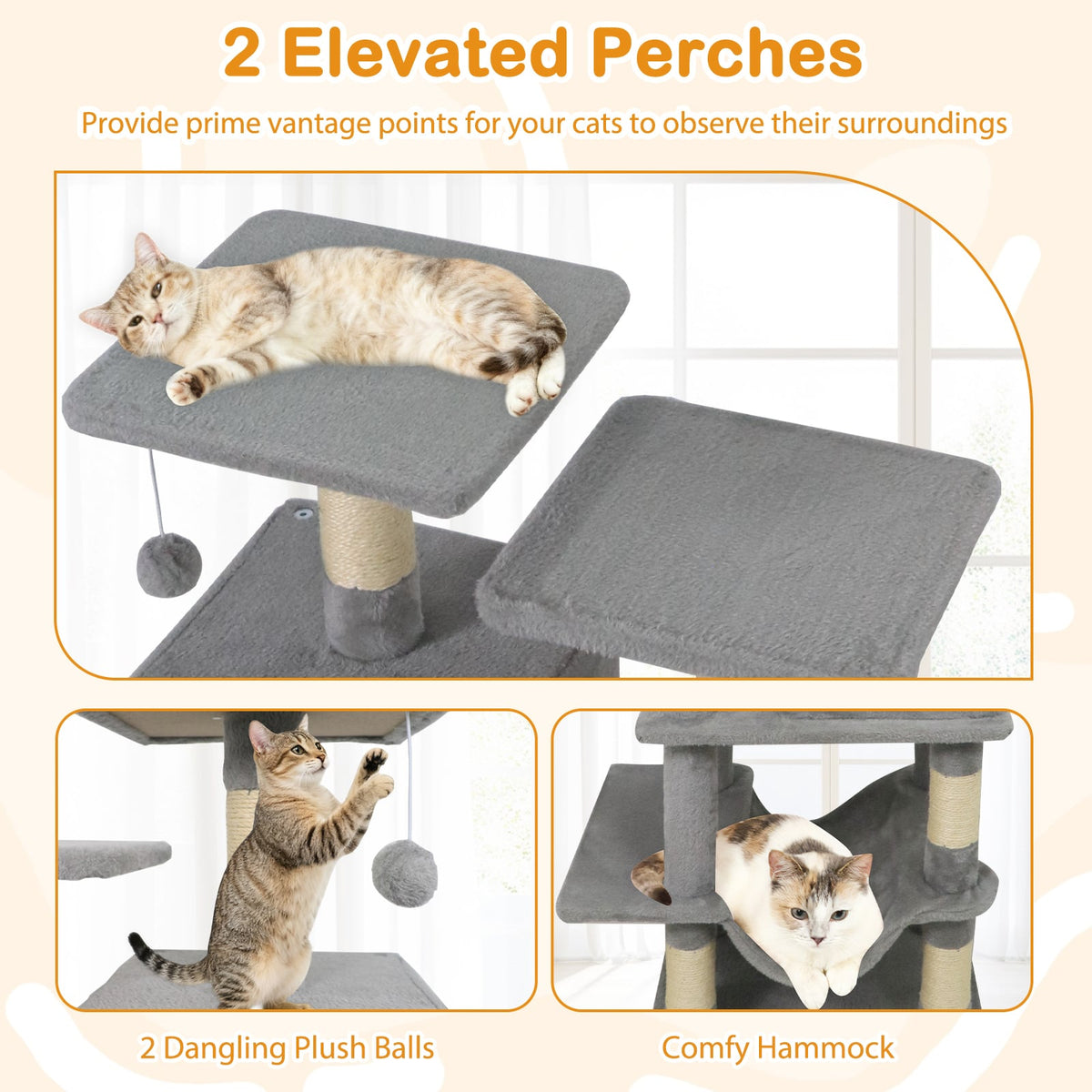 57 Inch Cat Tree with Dual Condos and Hammock and 2 Dangling Balls-Light Gray-Cat Trees & Scratchers-DECOROLALA
