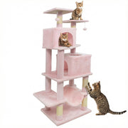 57 Inch Cat Tree with Dual Condos and Hammock and 2 Dangling Balls-Pink-Cat Trees & Scratchers-DECOROLALA