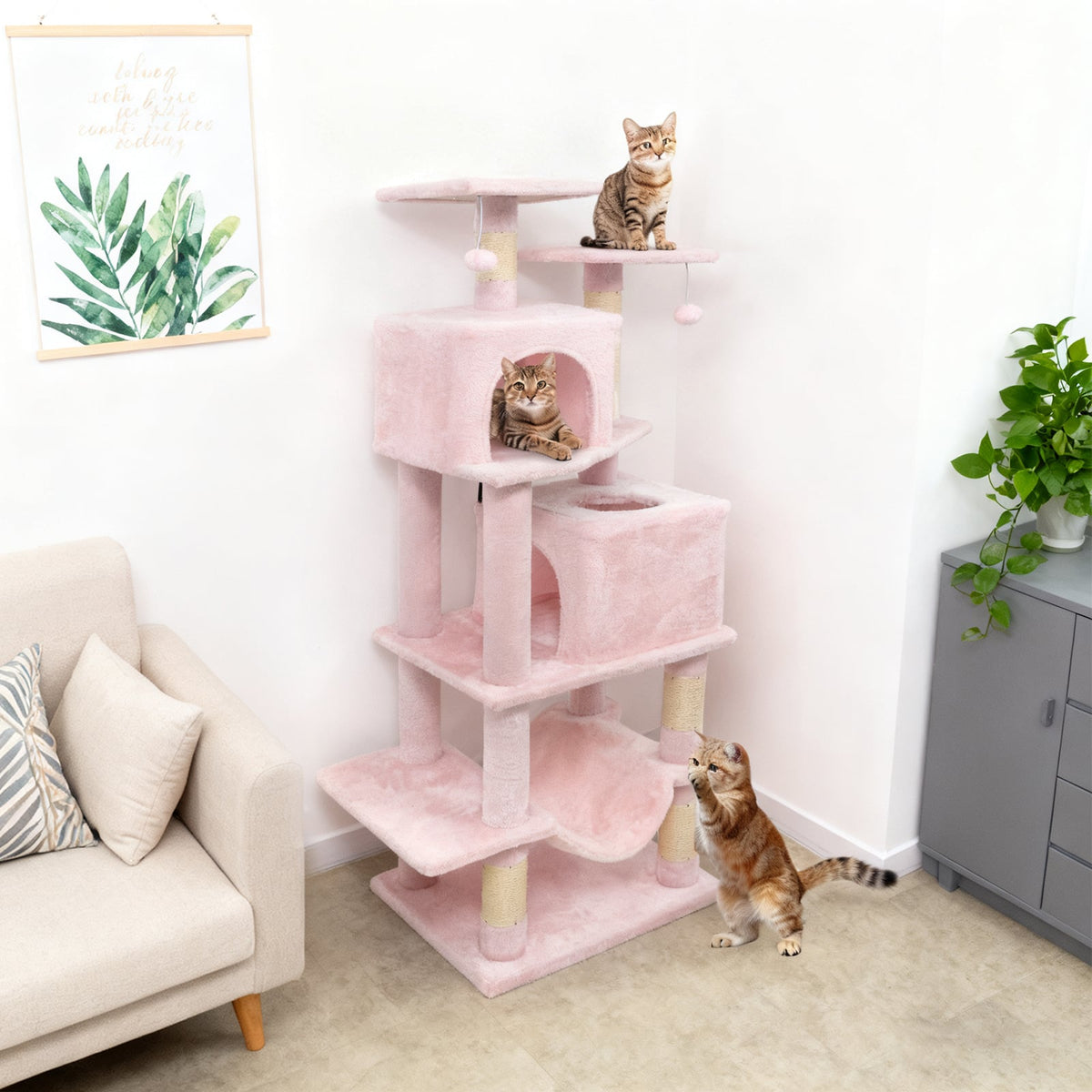 57 Inch Cat Tree with Dual Condos and Hammock and 2 Dangling Balls-Pink-Cat Trees & Scratchers-DECOROLALA