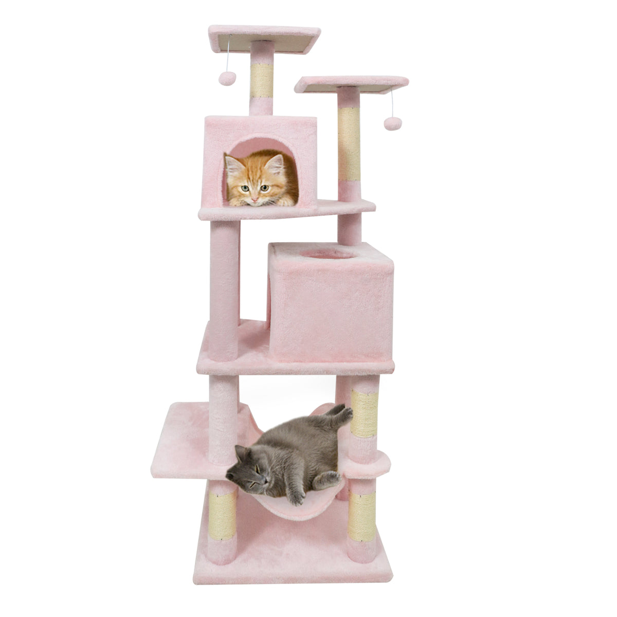 57 Inch Cat Tree with Dual Condos and Hammock and 2 Dangling Balls-Pink-Cat Trees & Scratchers-DECOROLALA