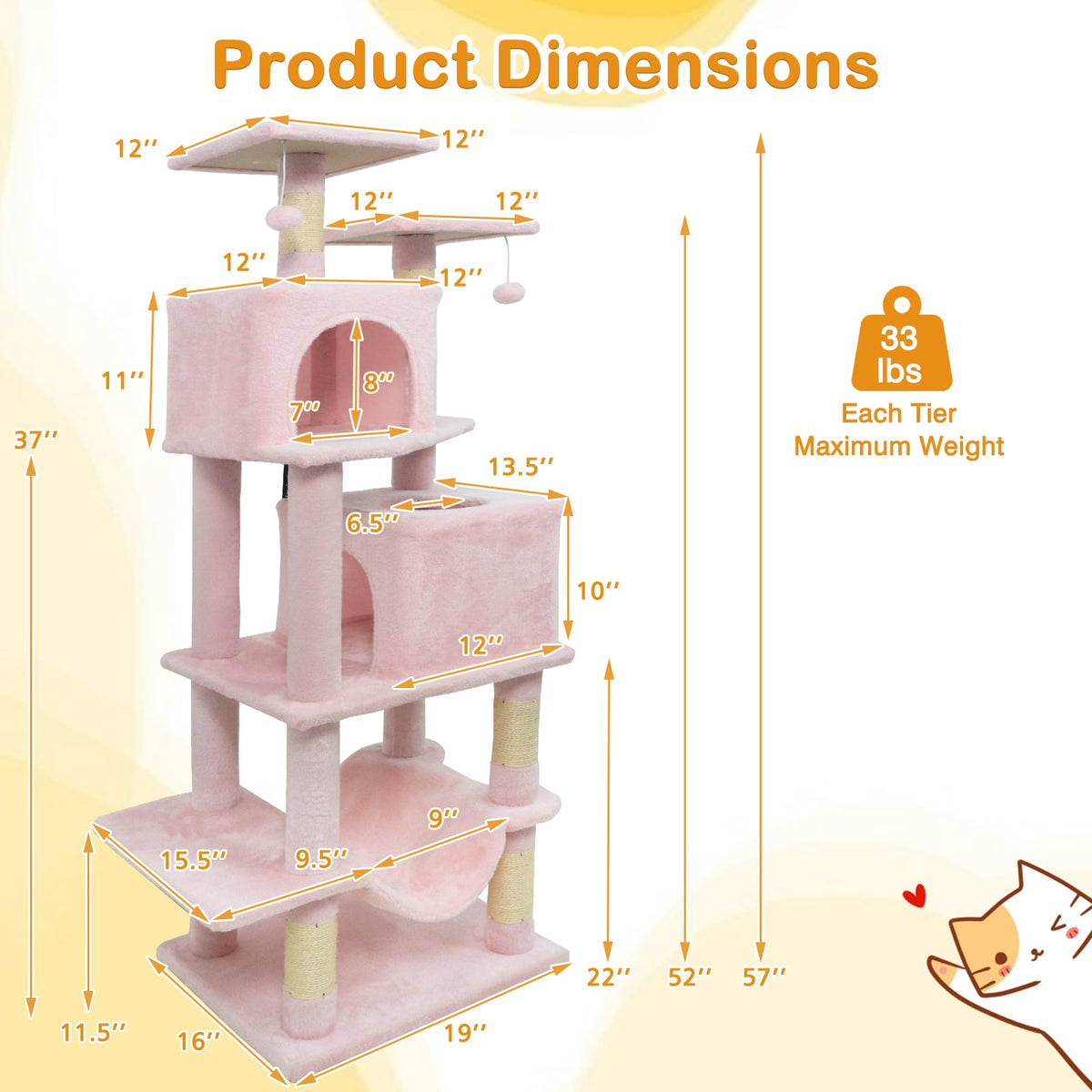 57 Inch Cat Tree with Dual Condos and Hammock and 2 Dangling Balls-Pink-Cat Trees & Scratchers-DECOROLALA