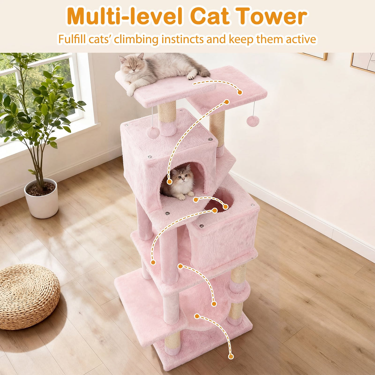 57 Inch Cat Tree with Dual Condos and Hammock and 2 Dangling Balls-Pink-Cat Trees & Scratchers-DECOROLALA