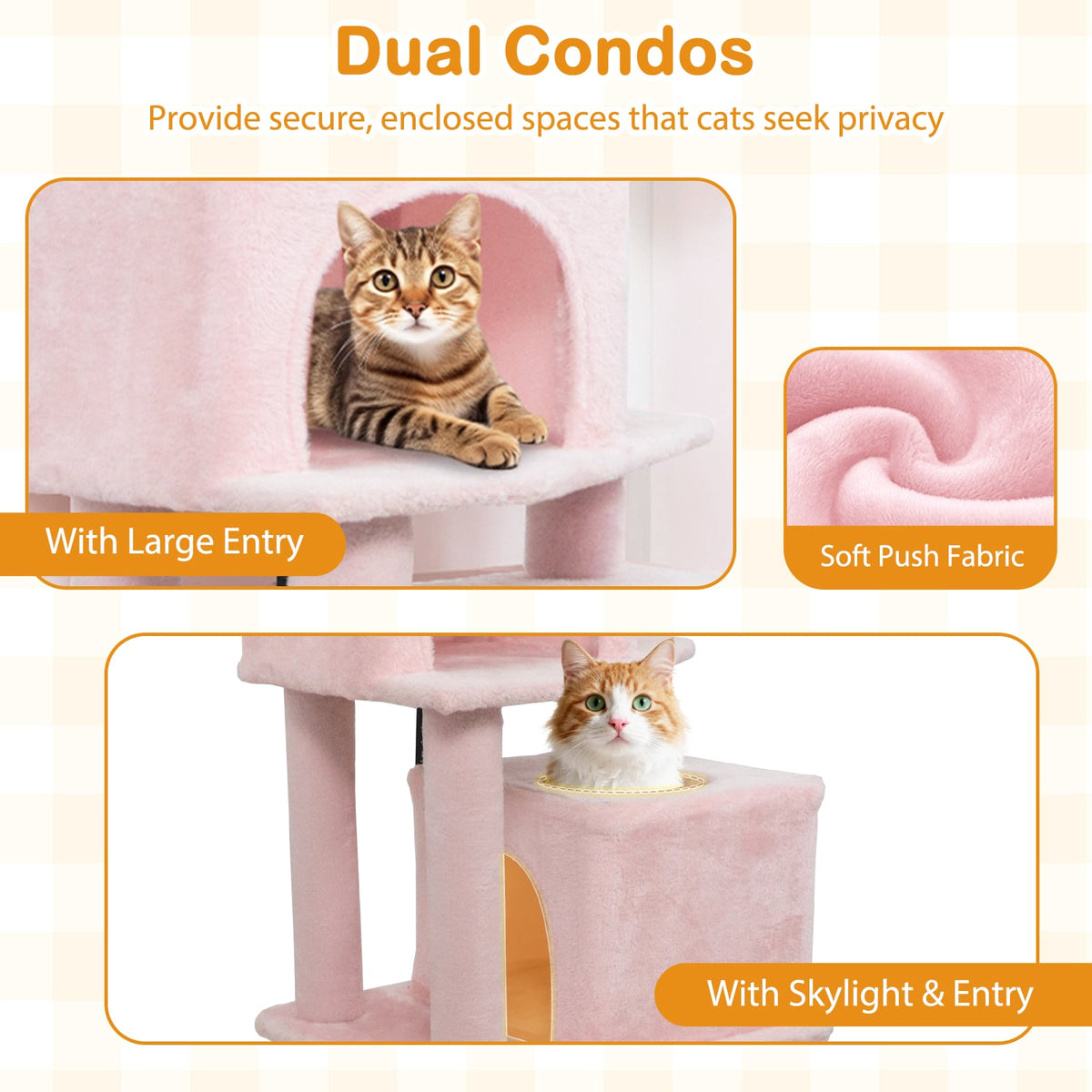 57 Inch Cat Tree with Dual Condos and Hammock and 2 Dangling Balls-Pink-Cat Trees & Scratchers-DECOROLALA