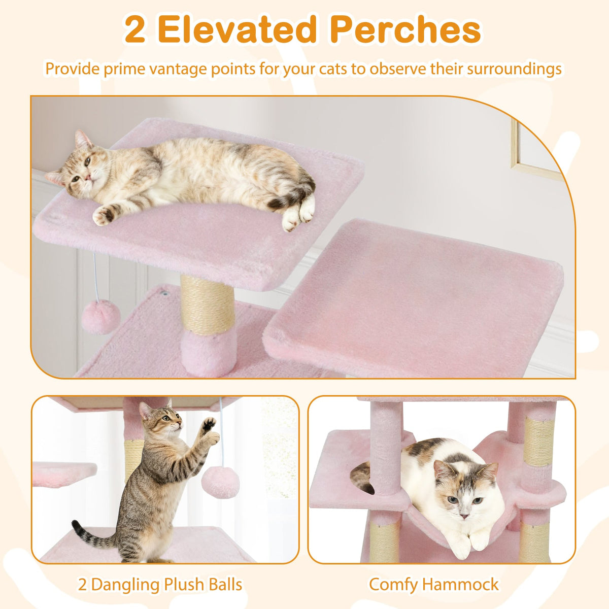 57 Inch Cat Tree with Dual Condos and Hammock and 2 Dangling Balls-Pink-Cat Trees & Scratchers-DECOROLALA
