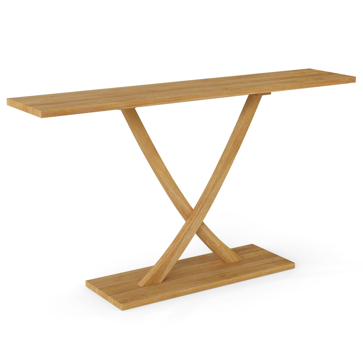 57 Inch Solid Wood Console Table with Teak Wood Frame and Geometric Design-Console Tables-DECOROLALA