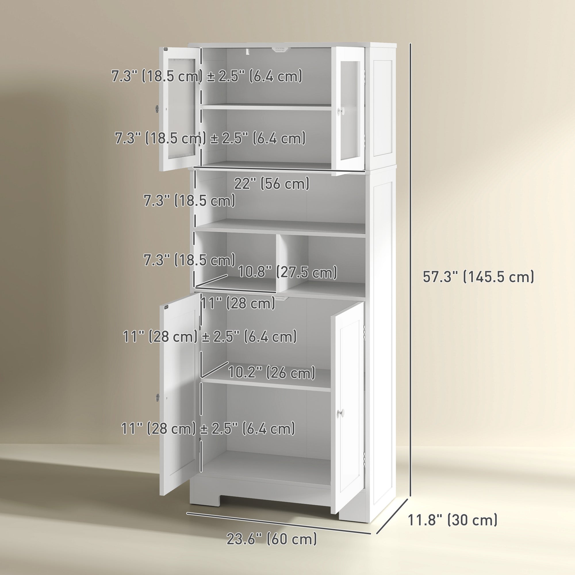 57" Kitchen Pantry Cabinet - White with Glass Doors & Adjustable Shelves-DECOROLALA