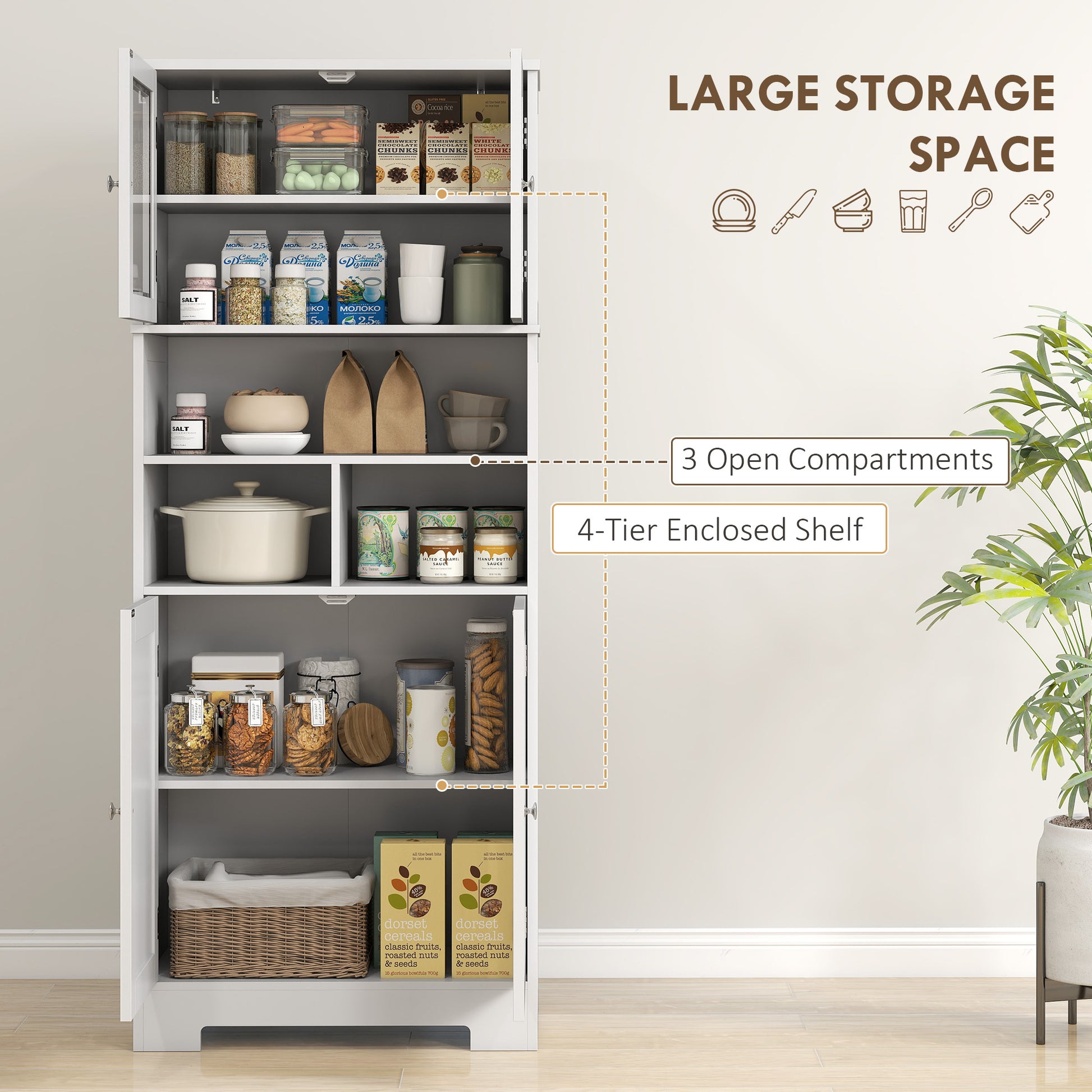 57" Kitchen Pantry Cabinet - White with Glass Doors & Adjustable Shelves-DECOROLALA