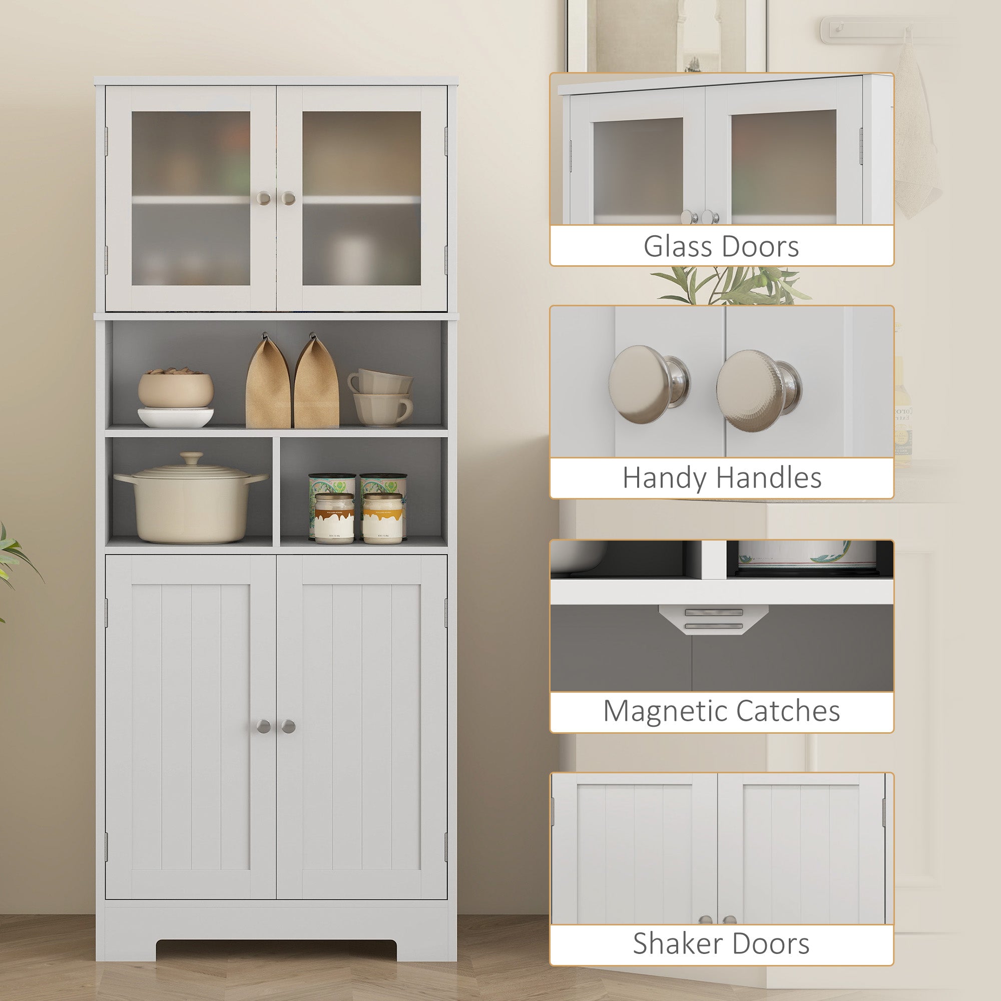 57" Kitchen Pantry Cabinet - White with Glass Doors & Adjustable Shelves-DECOROLALA