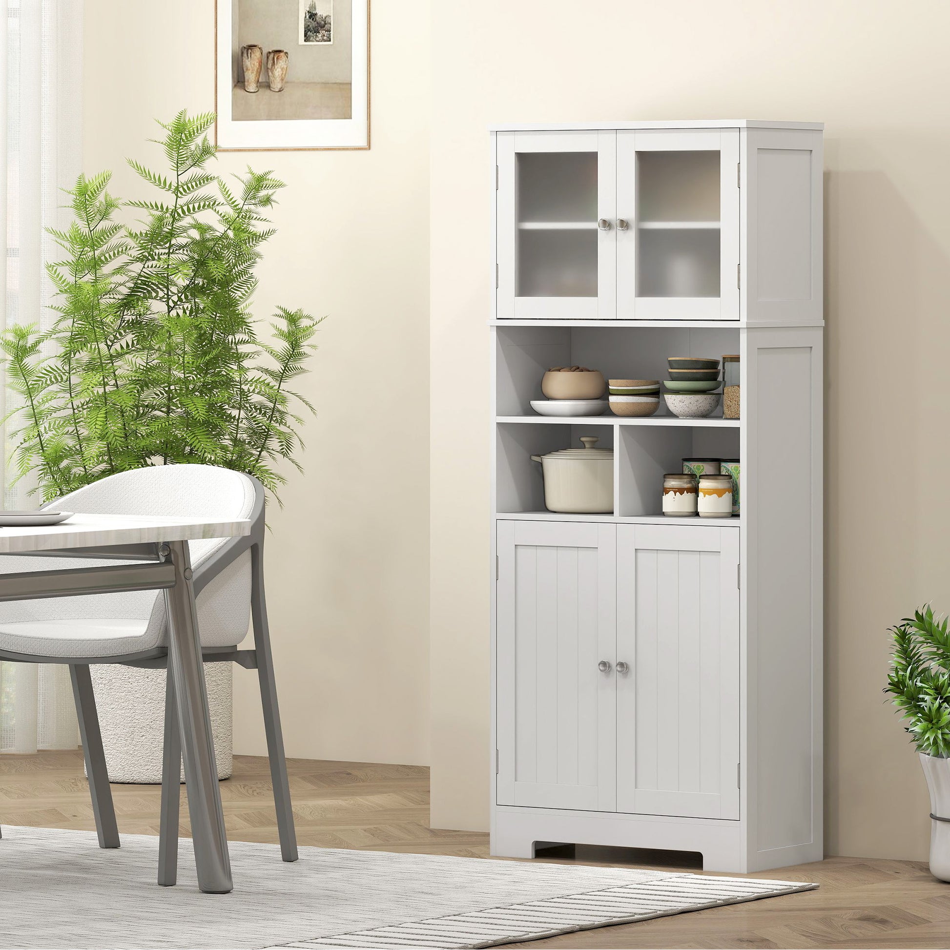 57" Kitchen Pantry Cabinet - White with Glass Doors & Adjustable Shelves-DECOROLALA