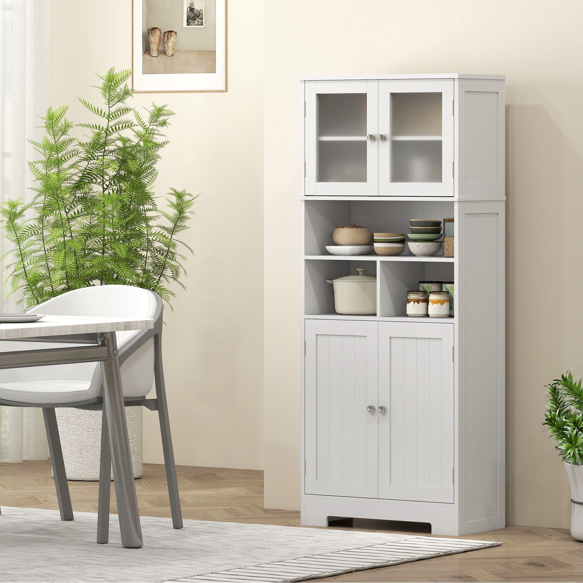 57" Kitchen Pantry Cabinet - White with Glass Doors & Adjustable Shelves-DECOROLALA