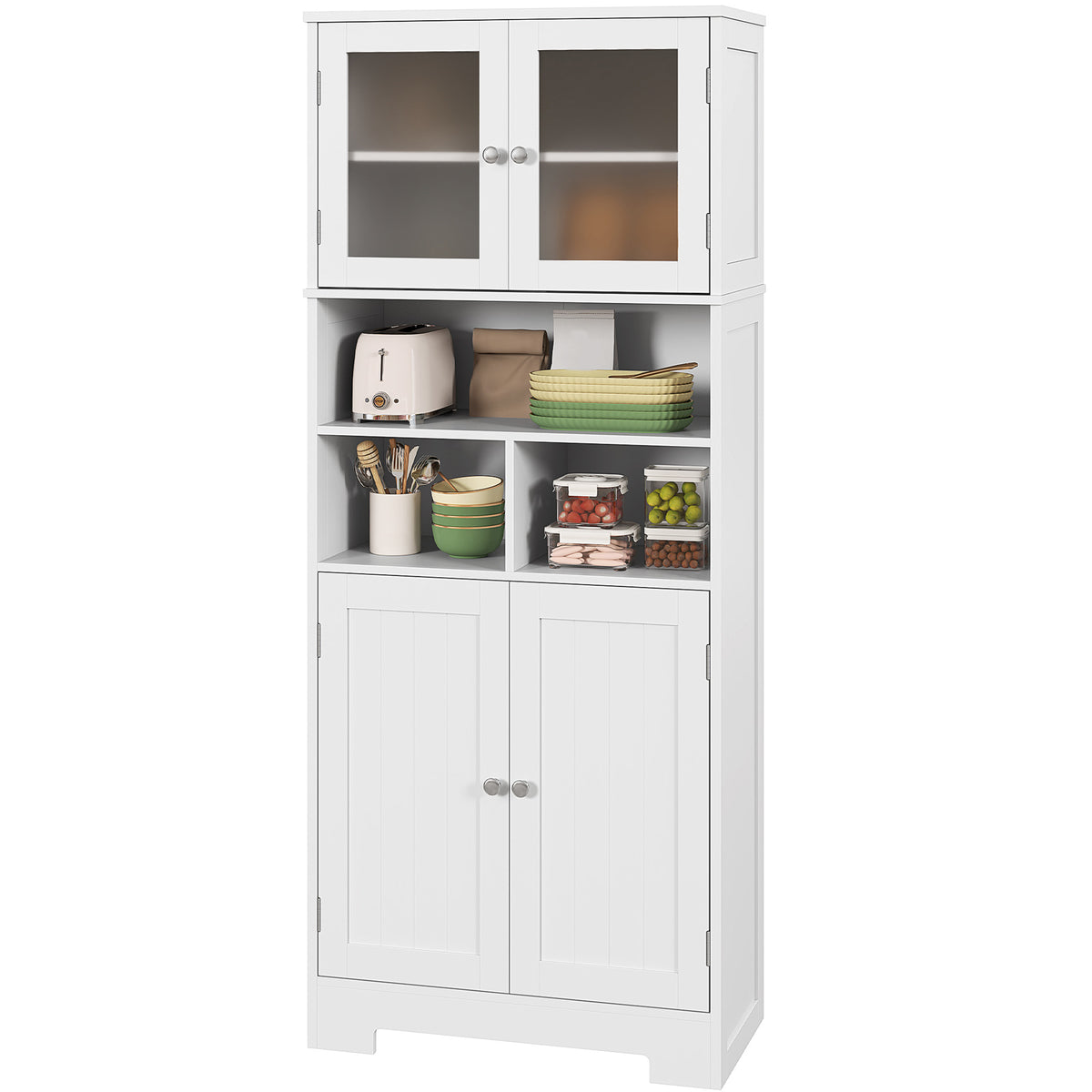 57" Kitchen Pantry Cabinet - White with Glass Doors & Adjustable Shelves-Pantry Cabinets-DECOROLALA
