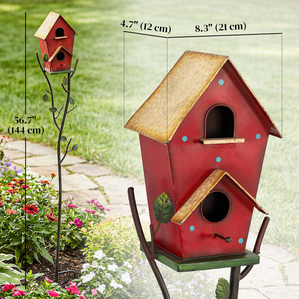 57" Metal Outdoor Bird House with Pole - Red Double-Hole Design-Birds-DECOROLALA