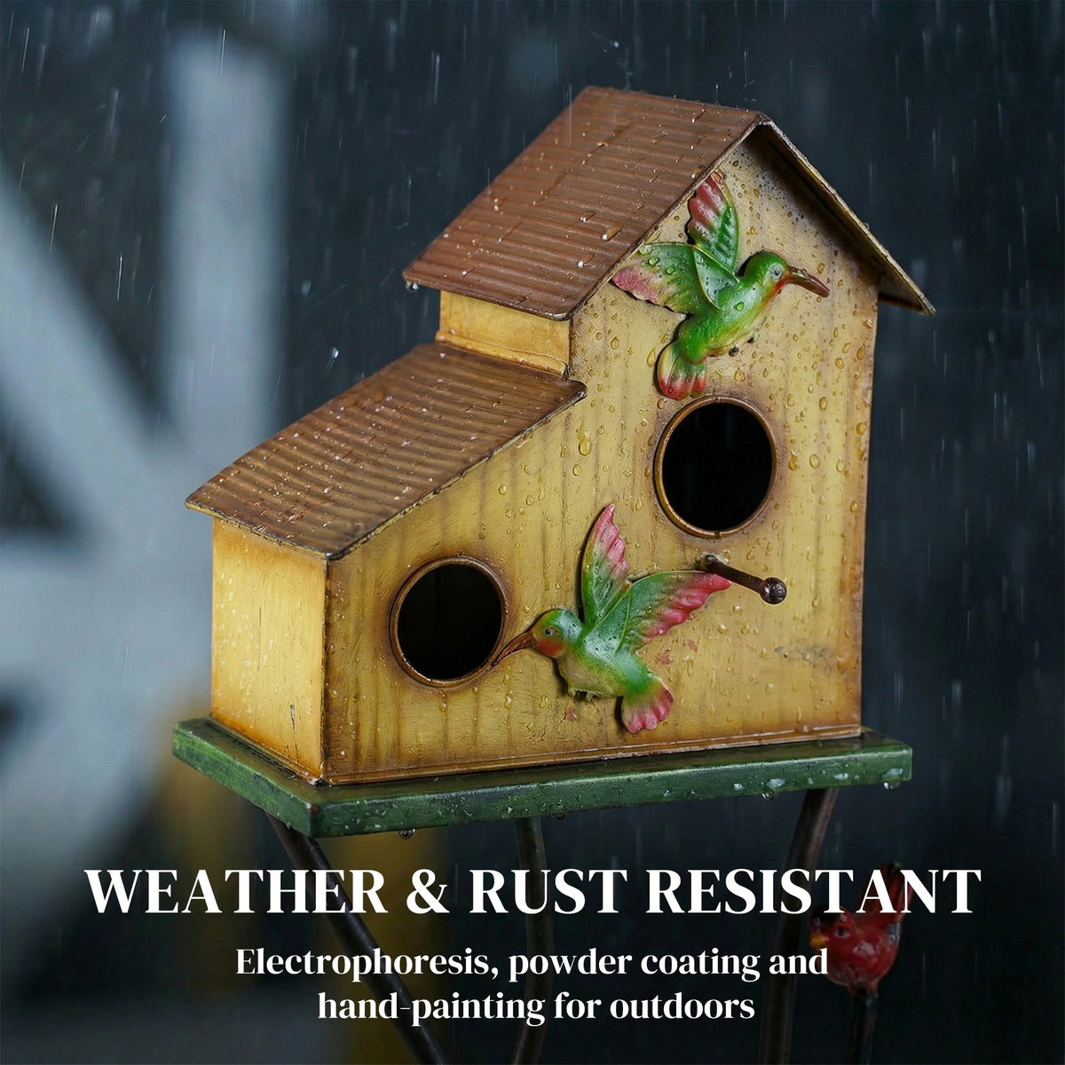 57" Metal Outdoor Bird House with Pole - Yellow Double-Hole-Birds-DECOROLALA