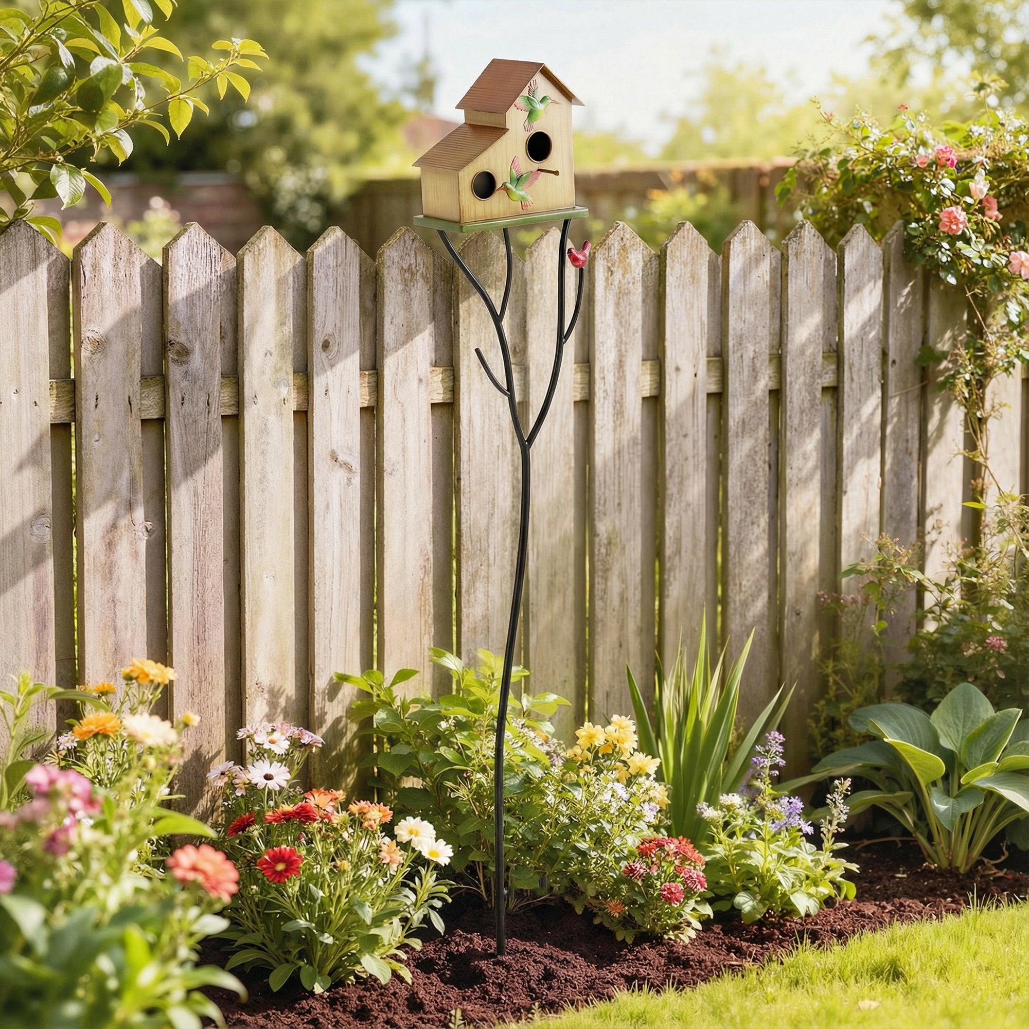 57" Metal Outdoor Bird House with Pole - Yellow Double-Hole-Birds-DECOROLALA