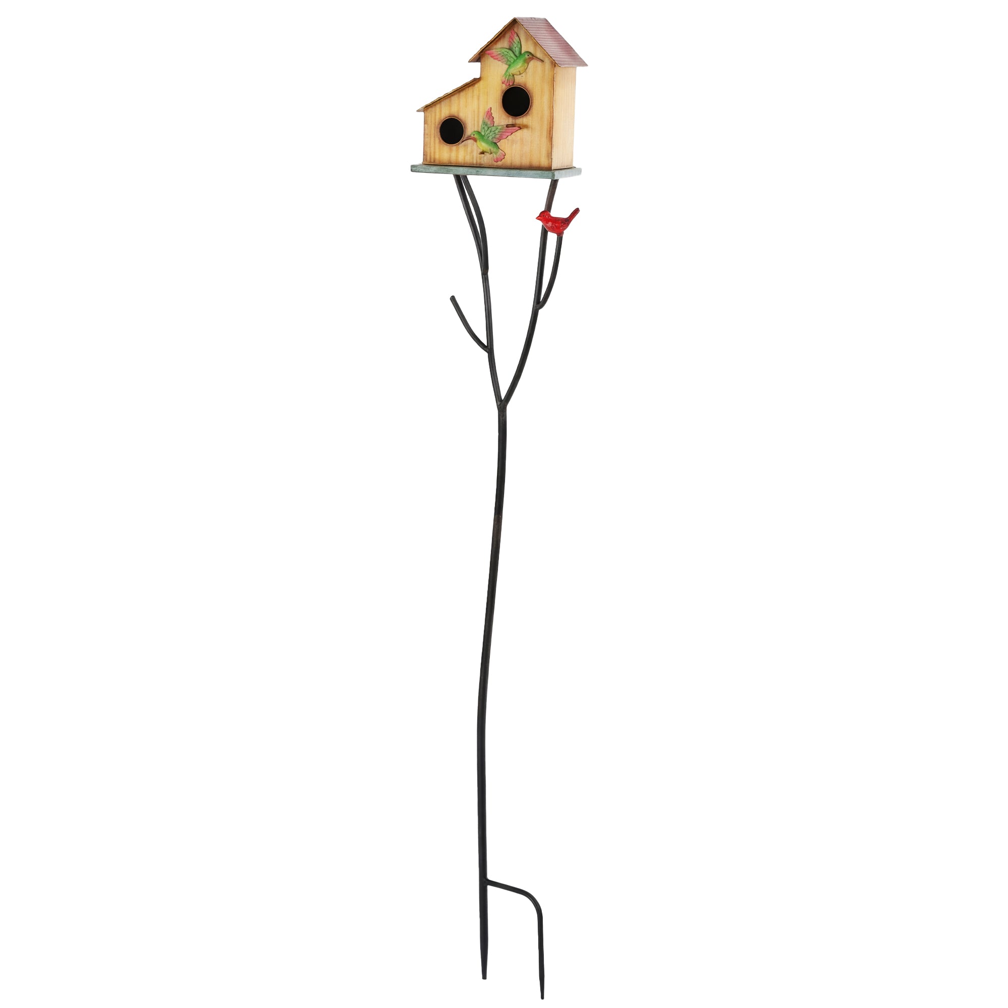 57" Outdoor Bird House with Pole, Metal Bird Houses for Outside, Double-Hole Birdhouse Outdoor Decoration, Yellow-Birds-DECOROLALA
