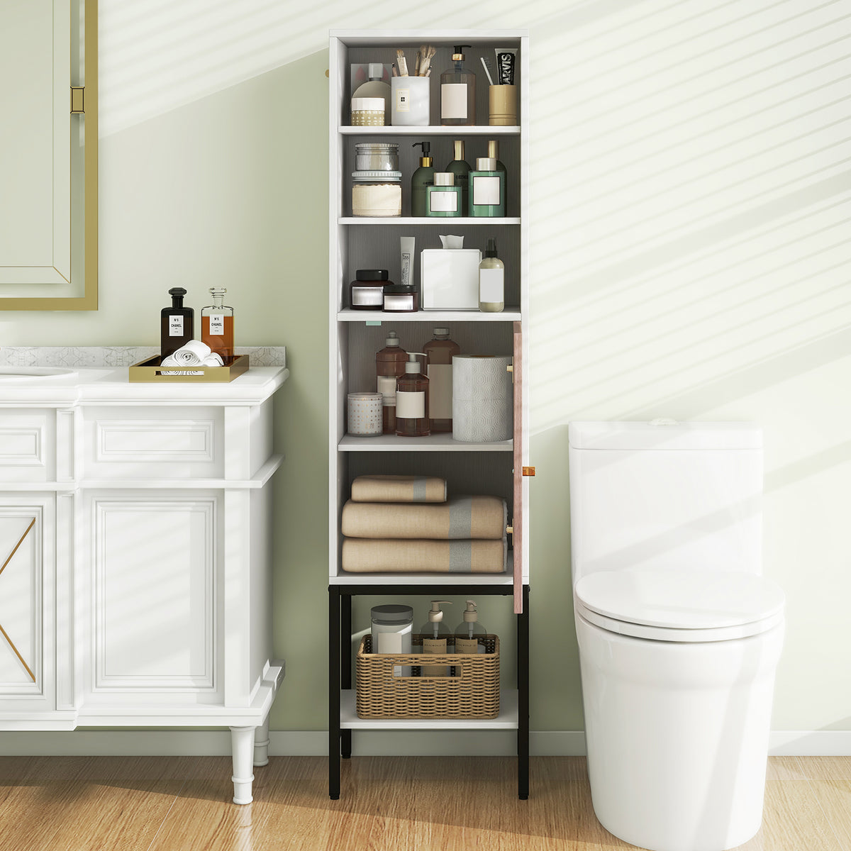 57" Tall Bathroom Cabinet - Narrow Storage Unit with Door White-Floor Cabinets-DECOROLALA
