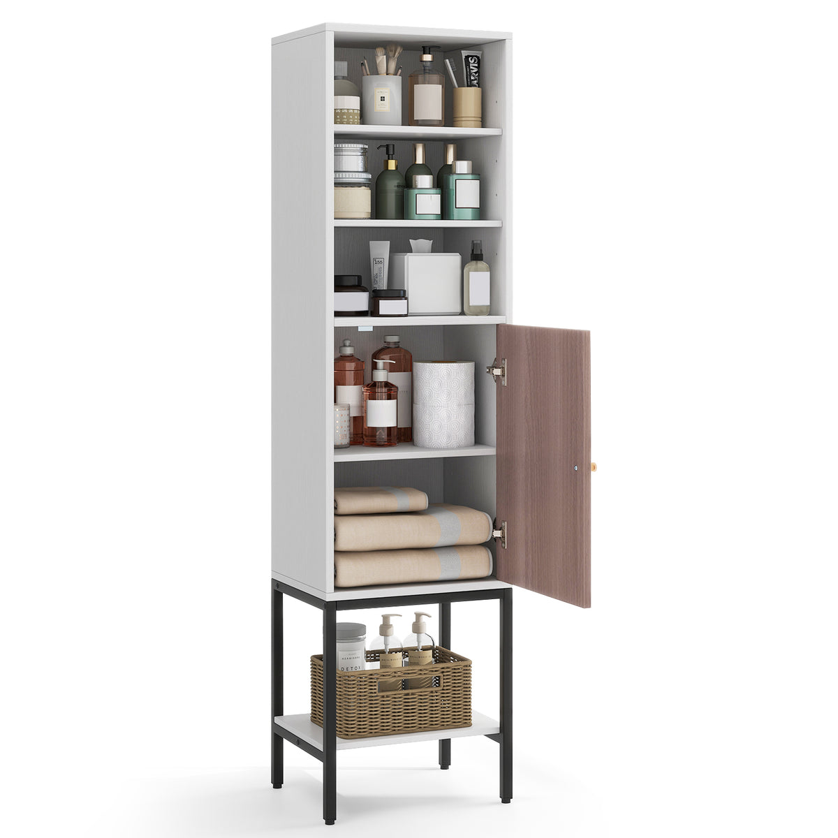 57" Tall Bathroom Cabinet - Narrow Storage Unit with Door White-Floor Cabinets-DECOROLALA