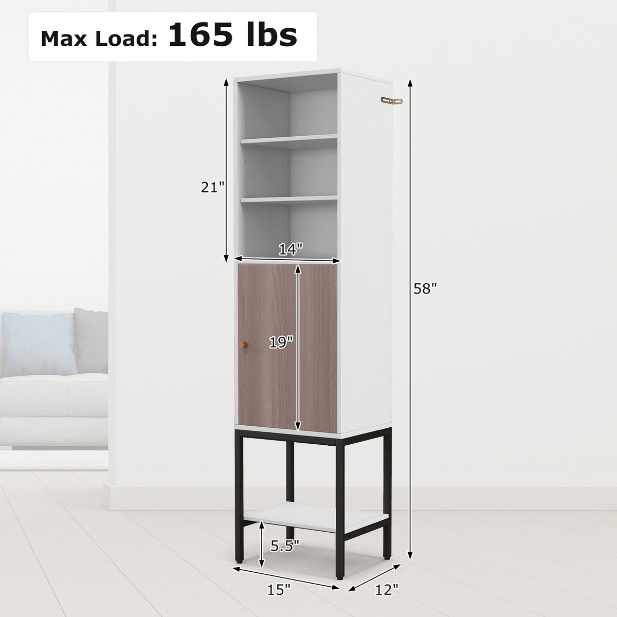 57" Tall Bathroom Cabinet - Narrow Storage Unit with Door White-Floor Cabinets-DECOROLALA