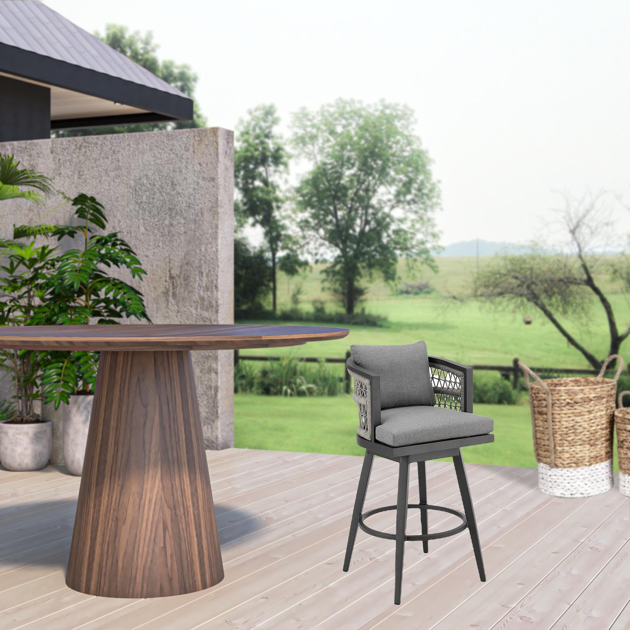 37" Gray Metal Swivel Outdoor Counter Height Bar chair with Footrest-Outdoor Bar Chairs-DECOROLALA