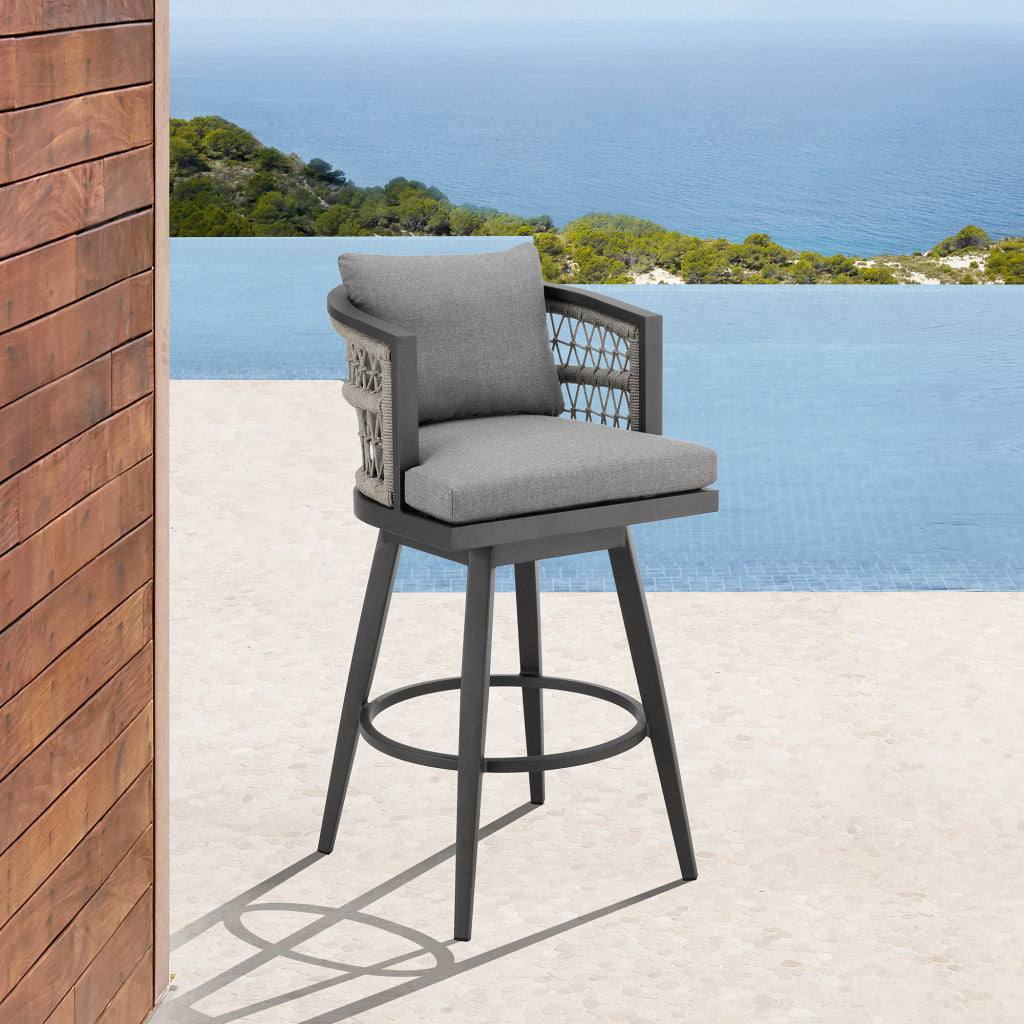 37" Gray Metal Swivel Outdoor Counter Height Bar chair with Footrest-Outdoor Bar Chairs-DECOROLALA
