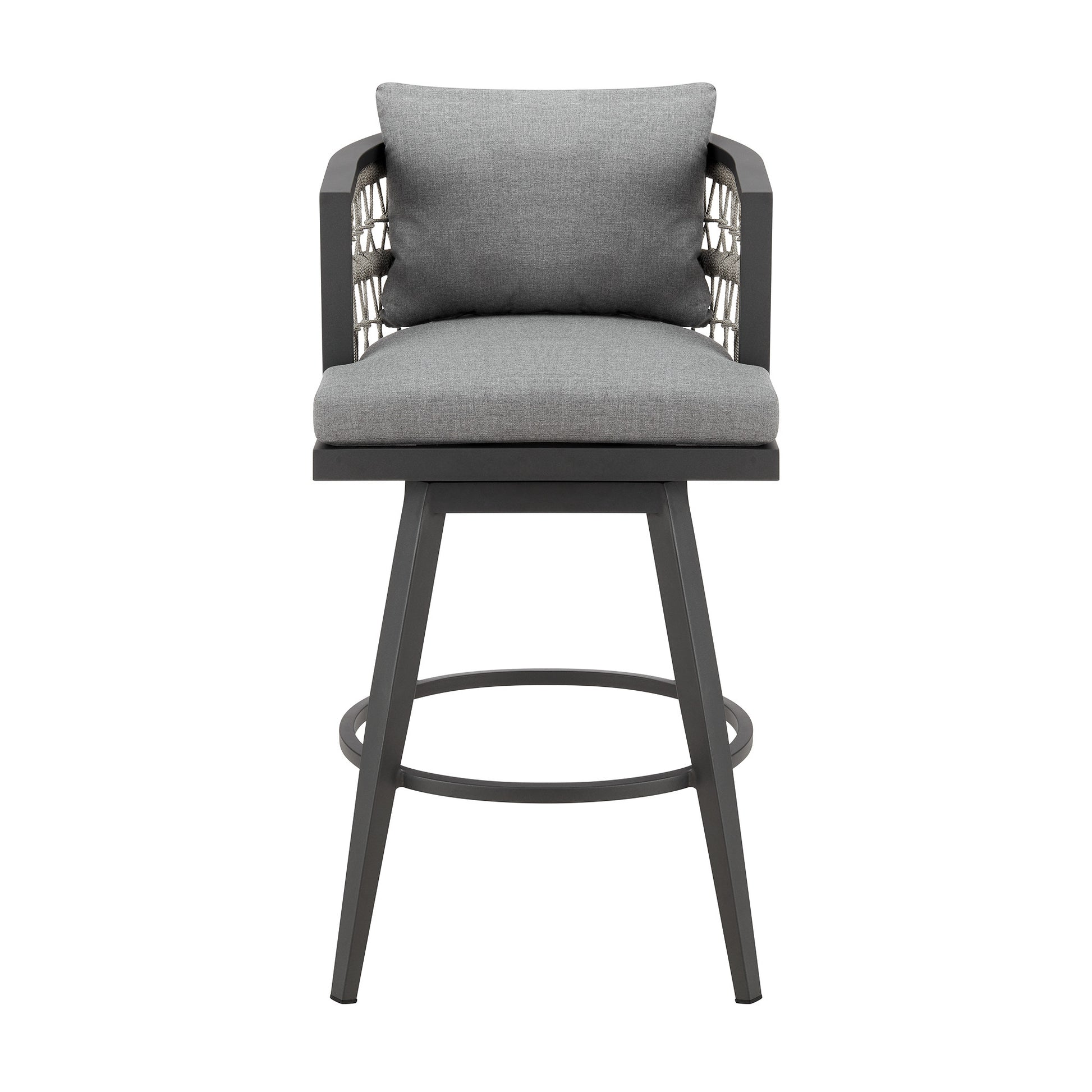 37" Gray Metal Swivel Outdoor Counter Height Bar chair with Footrest-Outdoor Bar Chairs-DECOROLALA