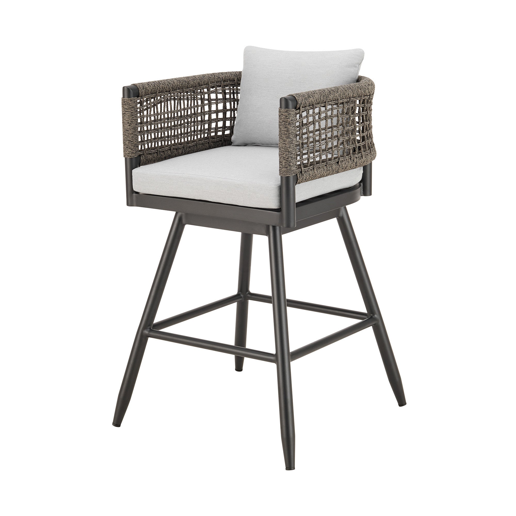 30" Black and Light Gray Aluminum Swivel Rope Back Outdoor Bar Height Chair with Footrest-Outdoor Bar Chairs-DECOROLALA