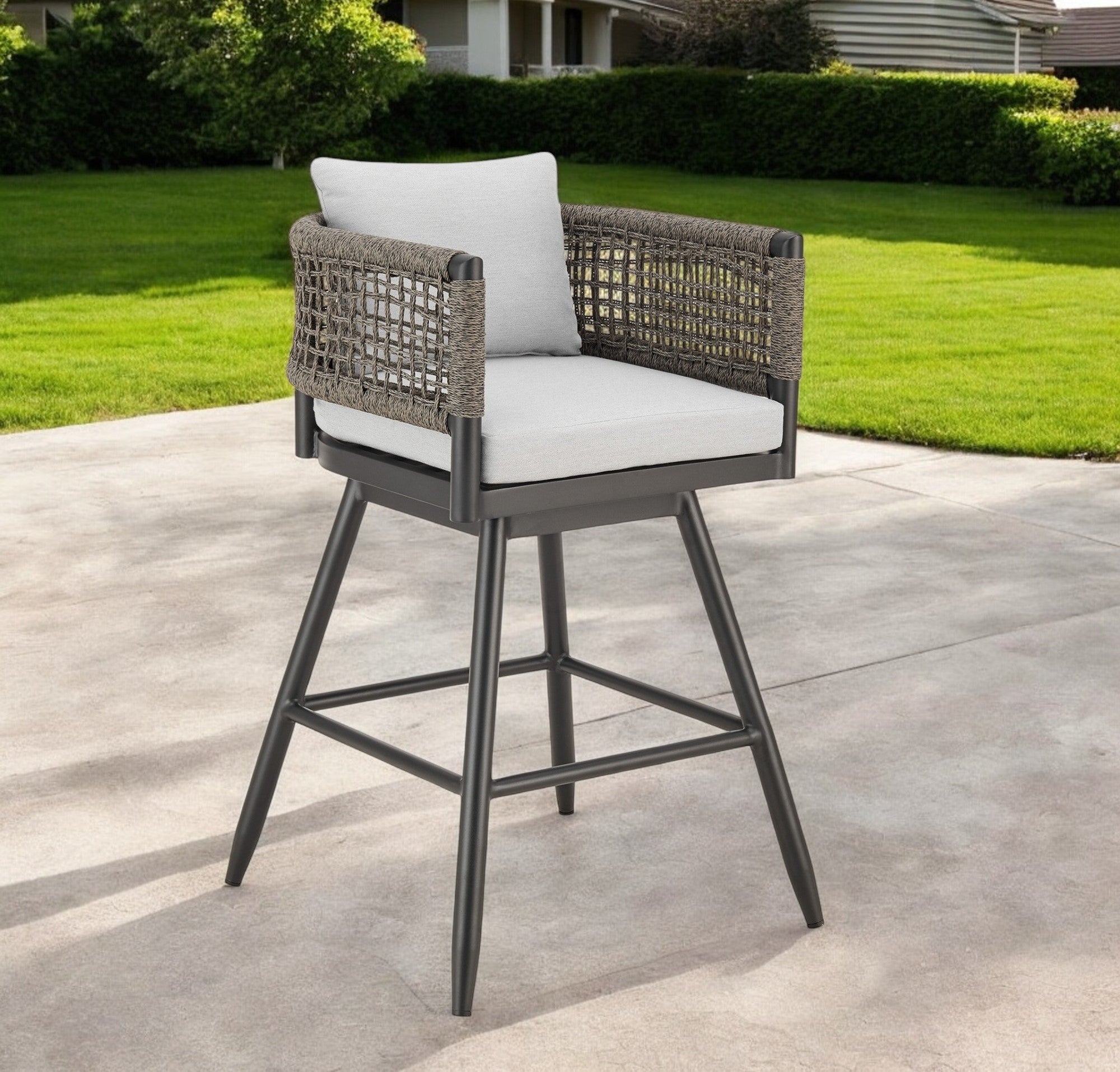 30" Black and Light Gray Aluminum Swivel Rope Back Outdoor Bar Height Chair with Footrest-Outdoor Bar Chairs-DECOROLALA