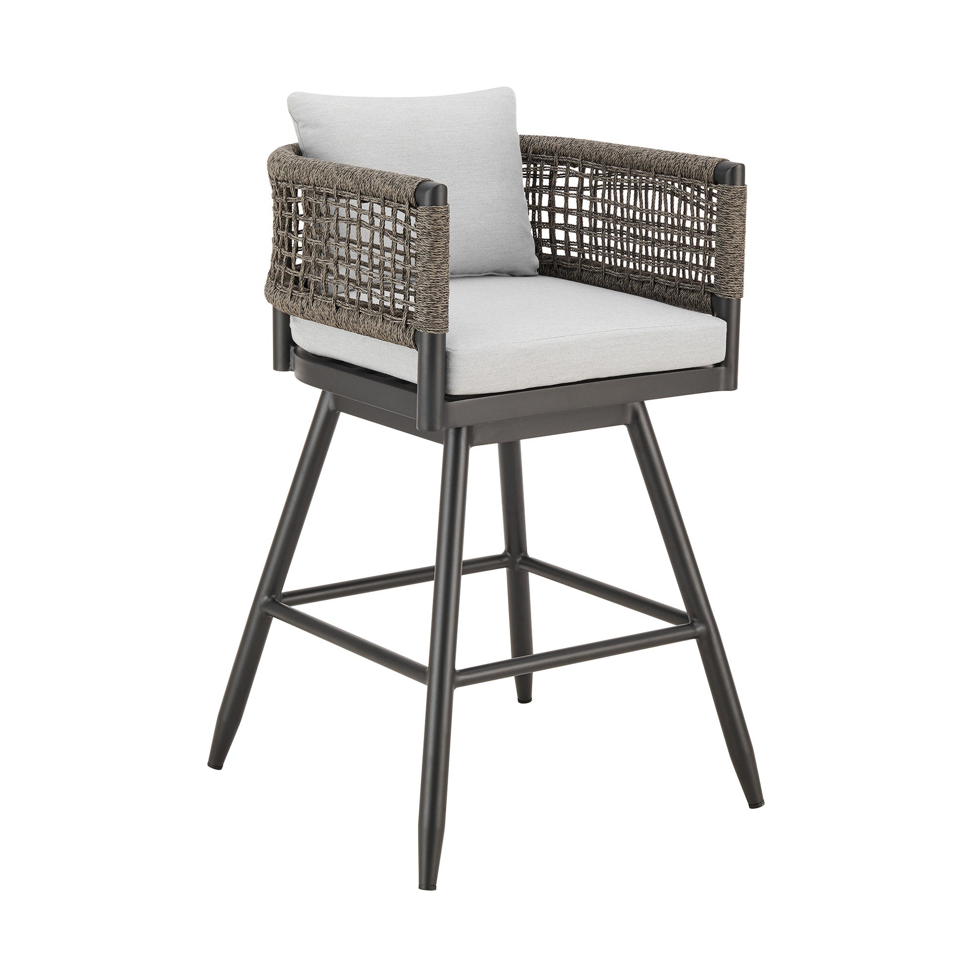 30" Black and Light Gray Aluminum Swivel Rope Back Outdoor Bar Height Chair with Footrest-Outdoor Bar Chairs-DECOROLALA