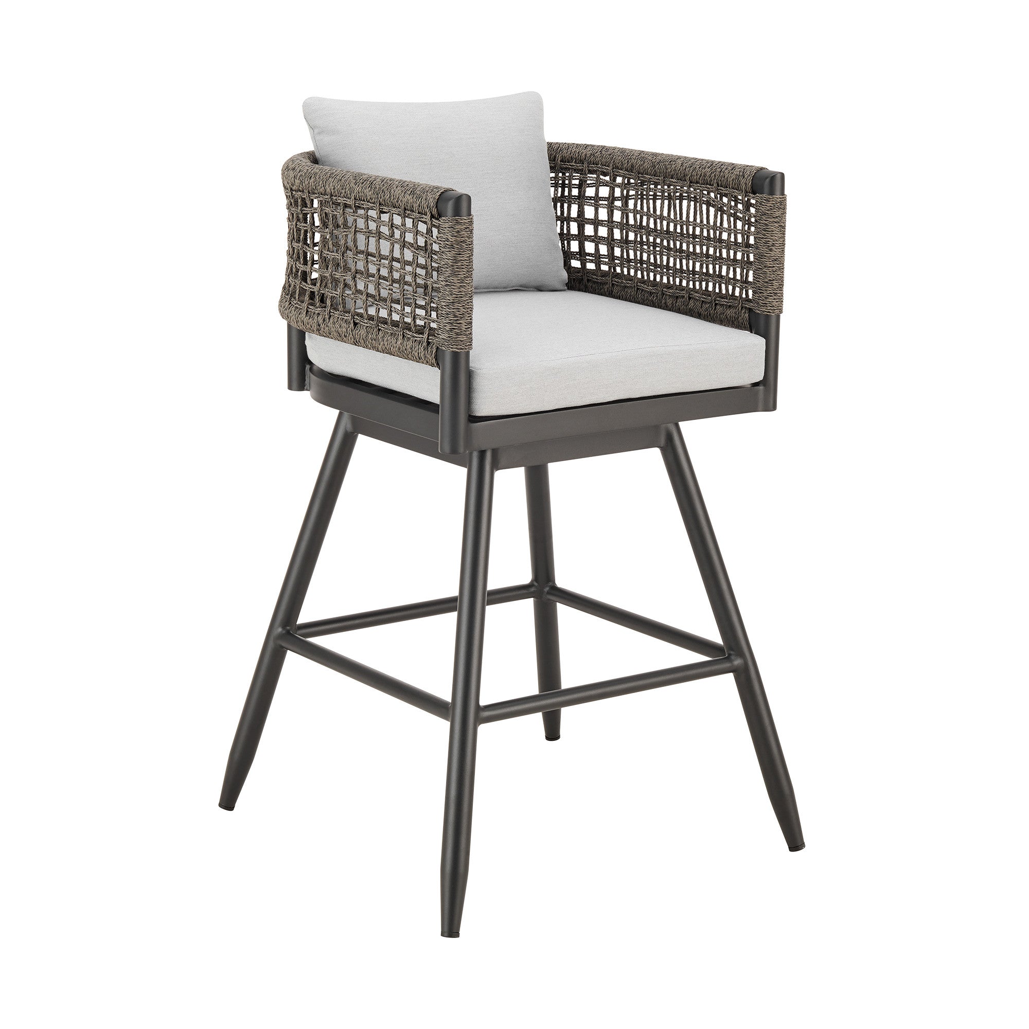 30" Black and Light Gray Aluminum Swivel Rope Back Outdoor Bar Height Chair with Footrest-Outdoor Bar Chairs-DECOROLALA