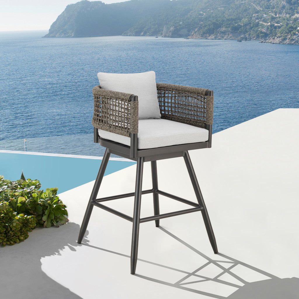 30" Black and Light Gray Aluminum Swivel Rope Back Outdoor Bar Height Chair with Footrest-Outdoor Bar Chairs-DECOROLALA