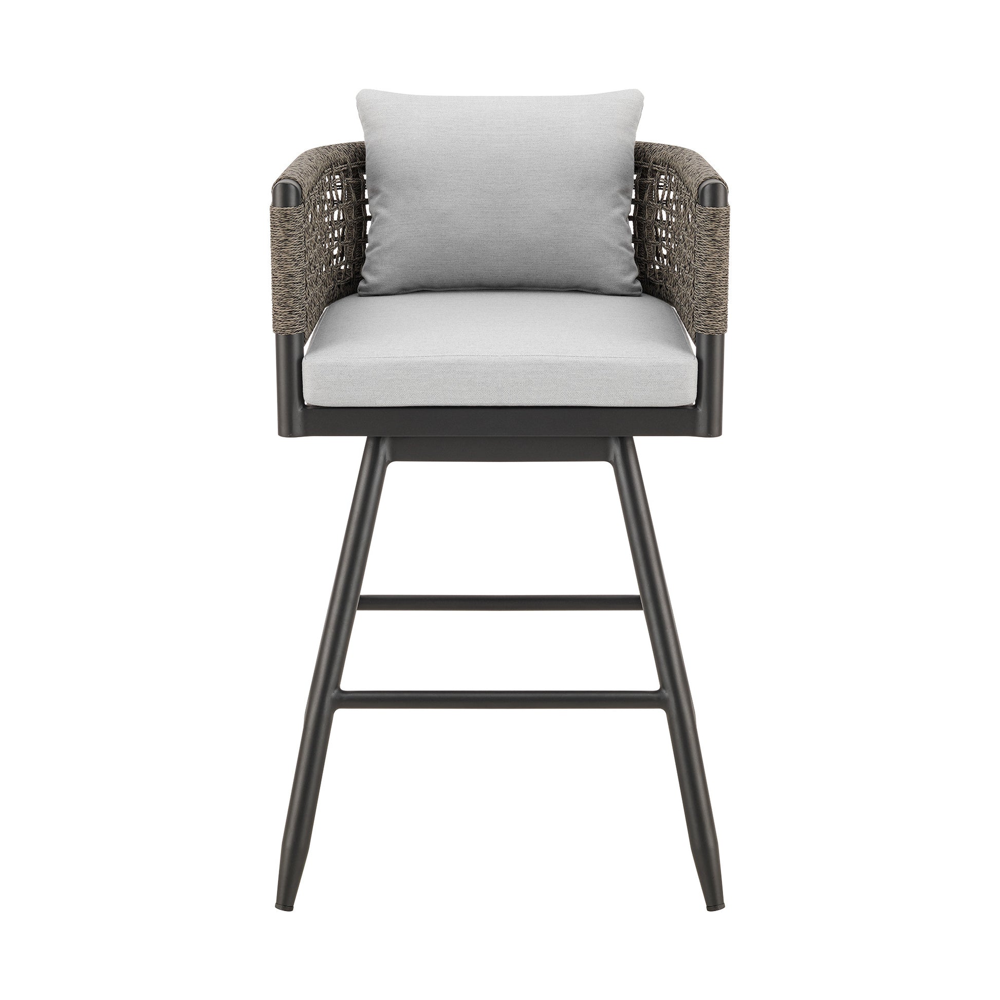 30" Black and Light Gray Aluminum Swivel Rope Back Outdoor Bar Height Chair with Footrest-Outdoor Bar Chairs-DECOROLALA
