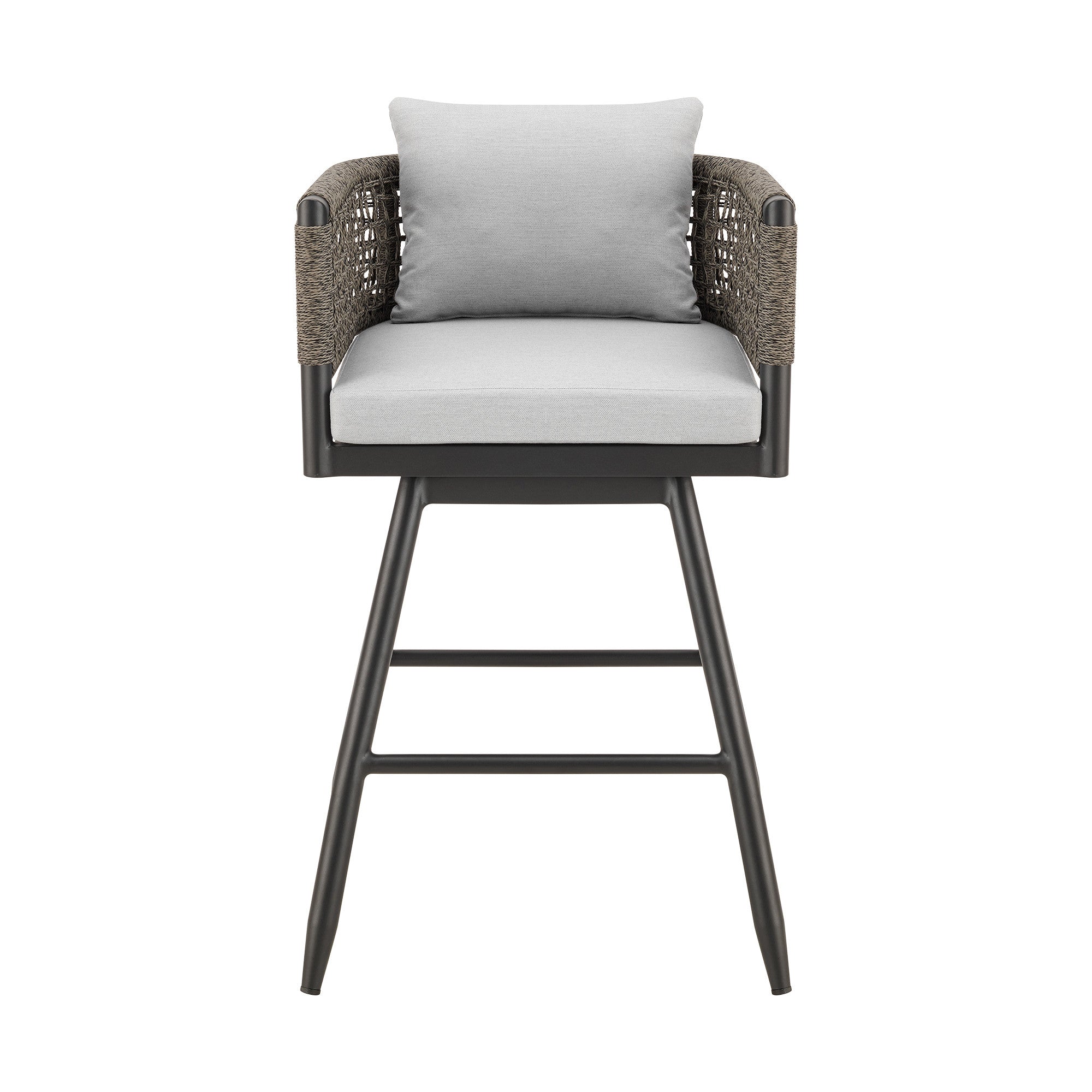 30" Black and Light Gray Aluminum Swivel Rope Back Outdoor Bar Height Chair with Footrest-Outdoor Bar Chairs-DECOROLALA