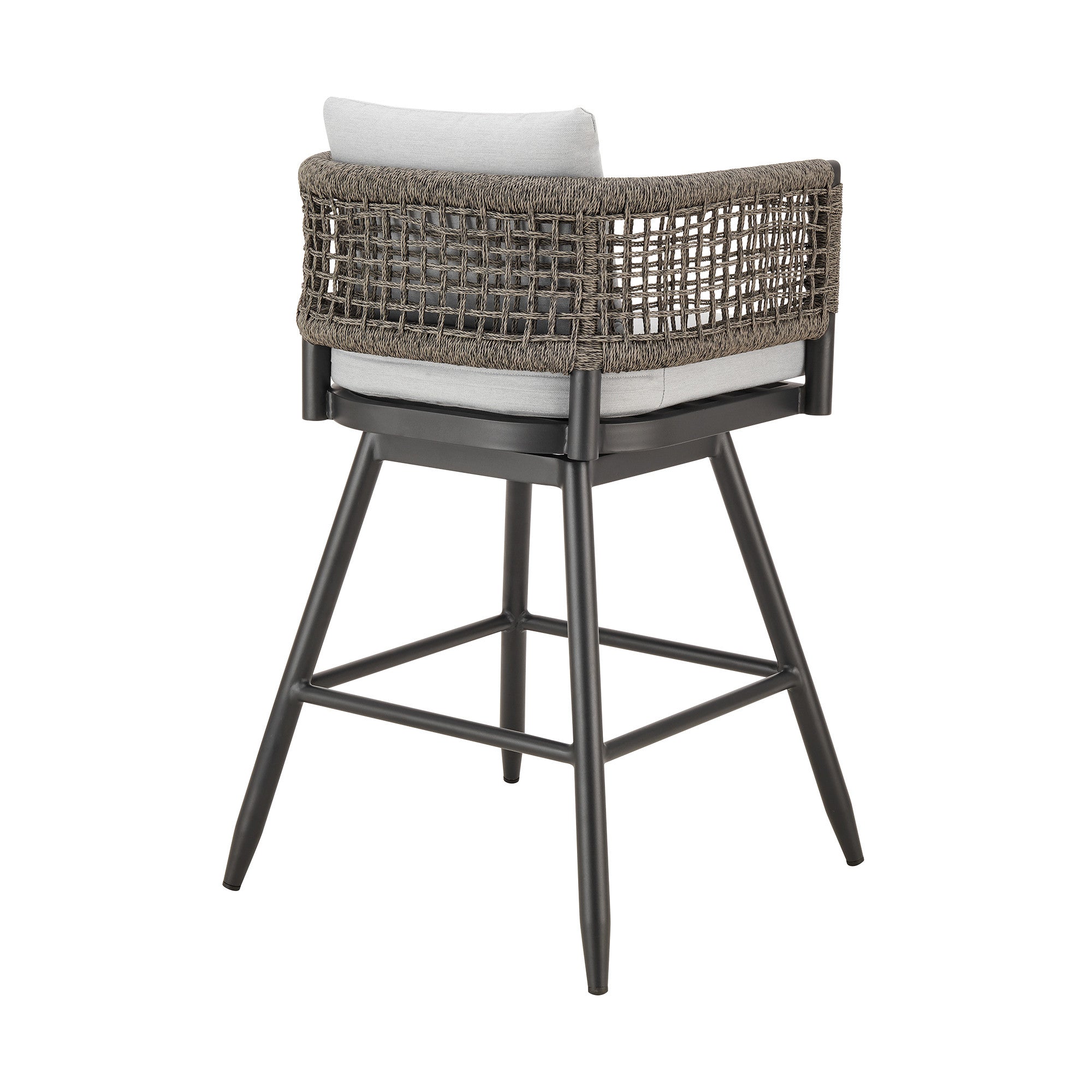30" Black and Light Gray Aluminum Swivel Rope Back Outdoor Bar Height Chair with Footrest-Outdoor Bar Chairs-DECOROLALA